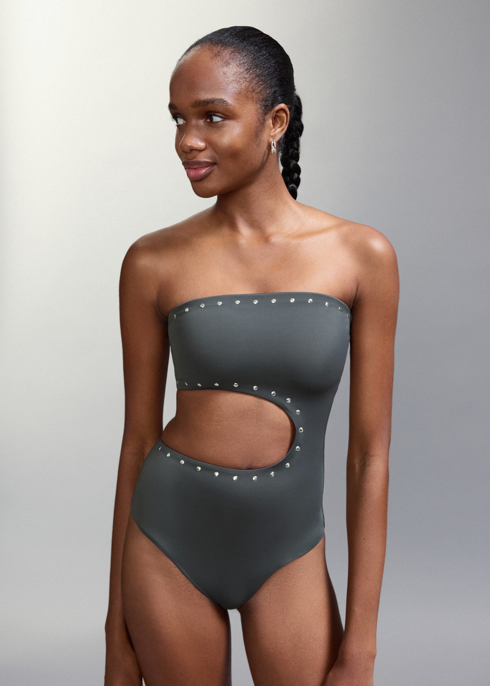 Asymmetric swimsuit with mid-rise bottoms - Medium plane, Charcoal. Ref: 27075945-00.