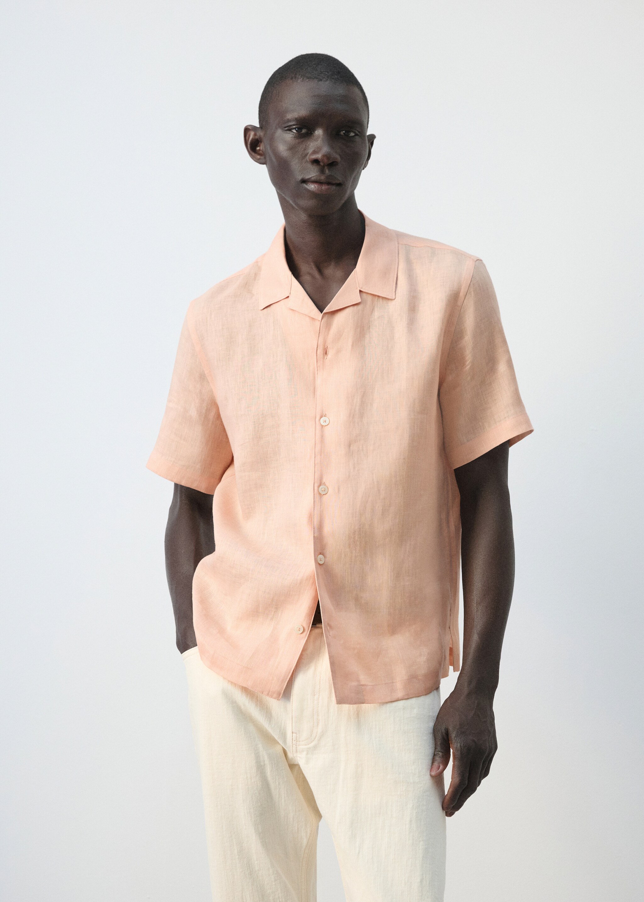 100% linen bowling-collar shirt - Medium plane, Peach. Ref: 27075948-00.