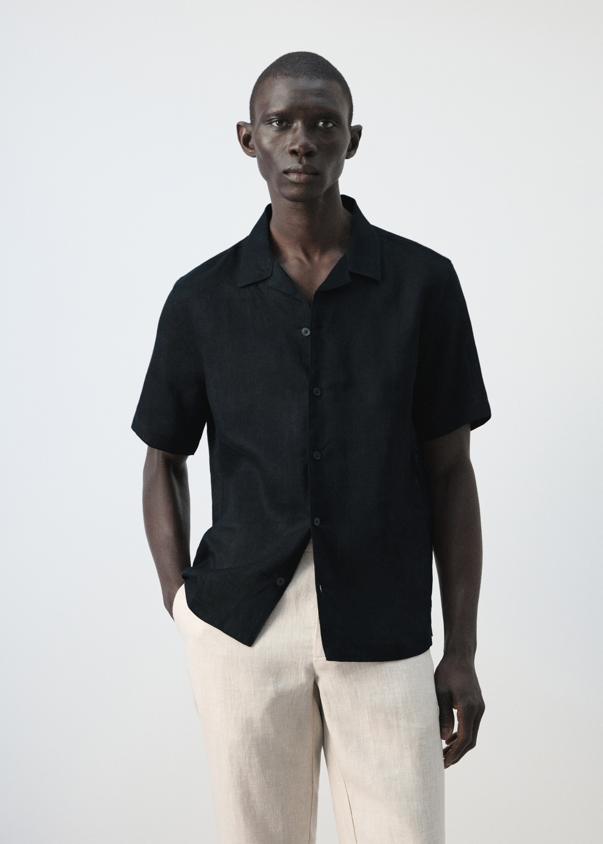 100% linen bowling-collar shirt - Medium plane, Navy. Ref: 27075948-00.