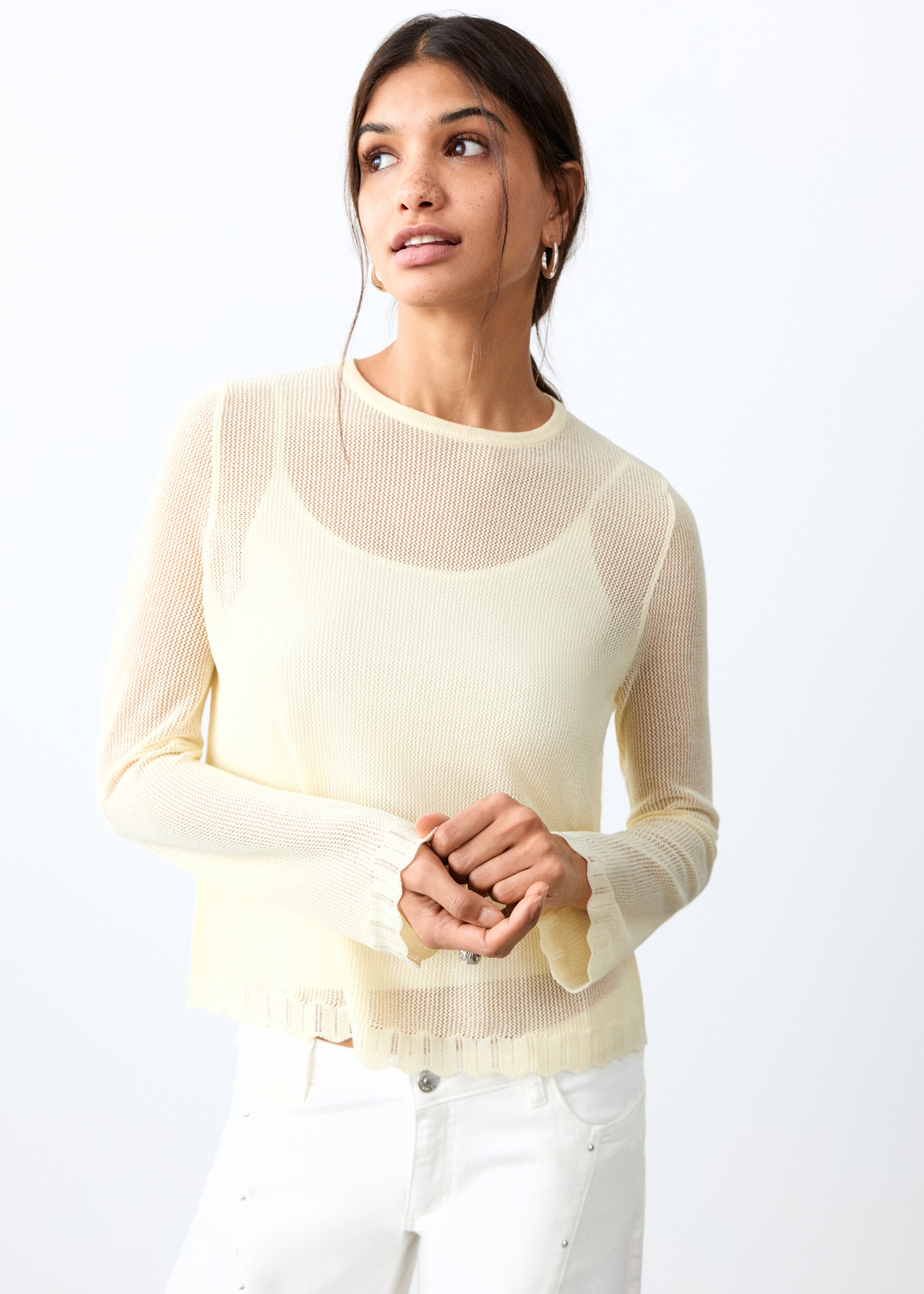 Openwork knit sweater - Medium plane, Yellow. Ref: 27075955-00.