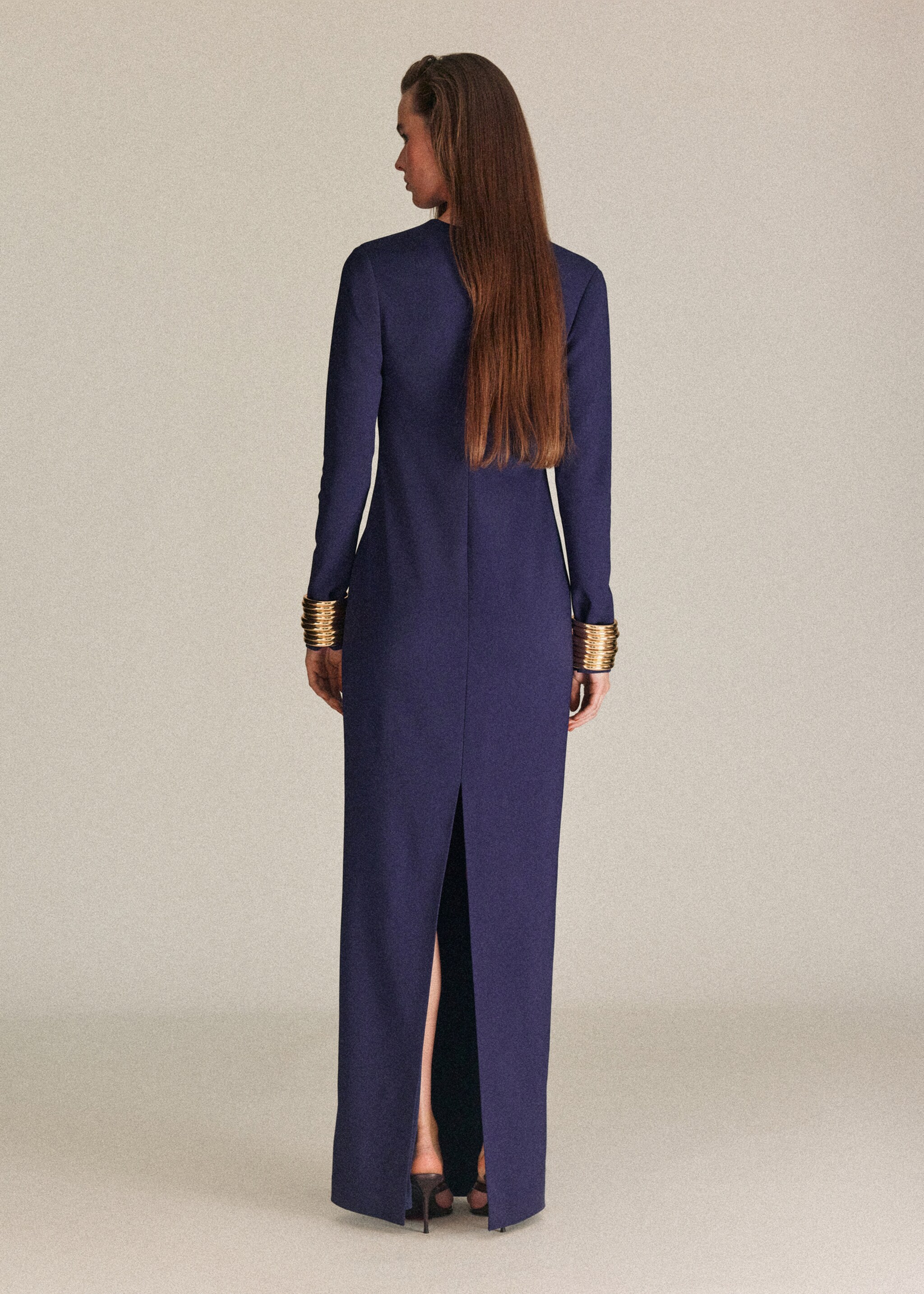 Robe longue col V - Verso de l’article, Bleu nuit. Ref: 27075992-00.