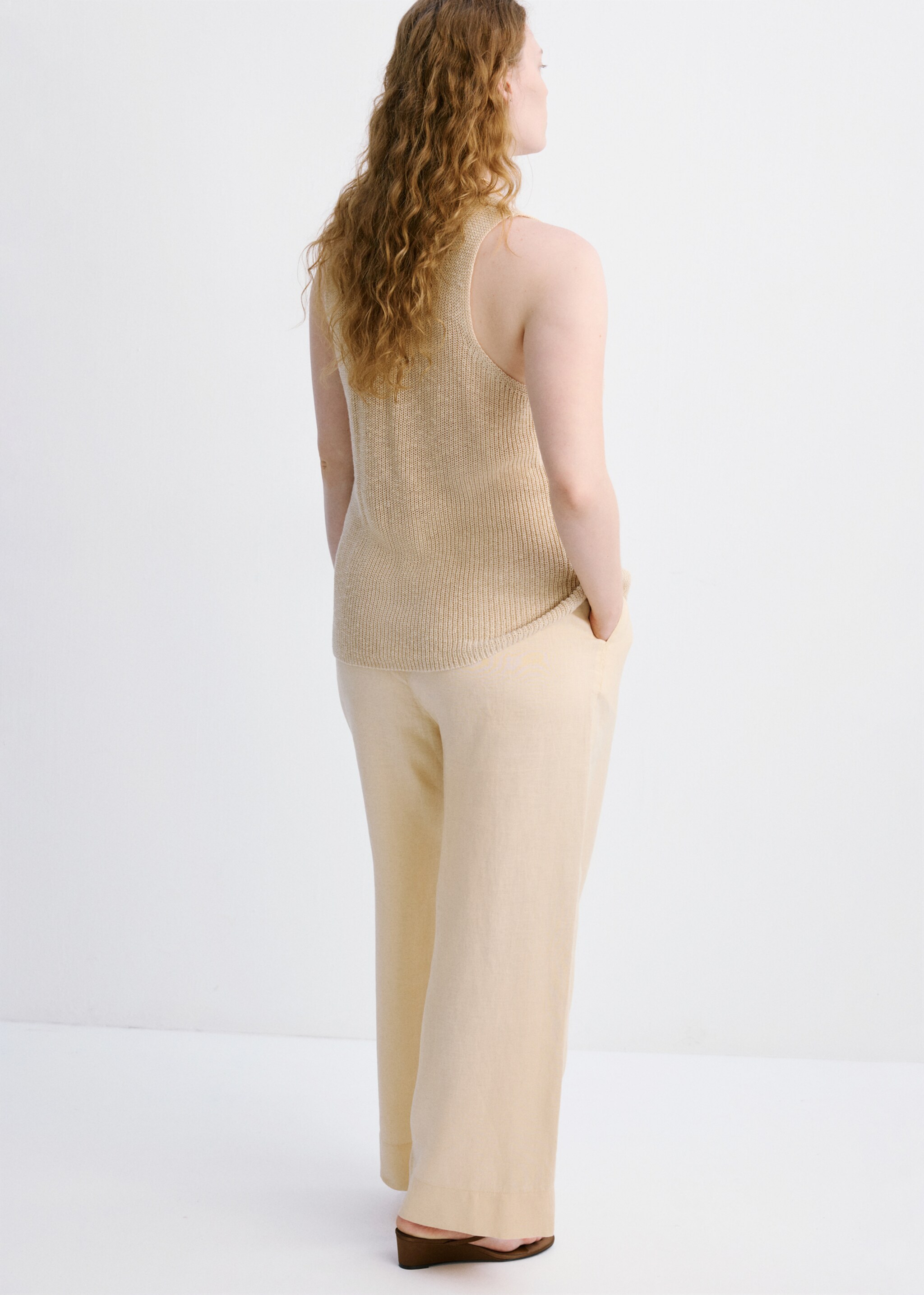 Straight linen-blend trousers - Details of the article 4, Pastel Yellow. Ref: 27076356-00.