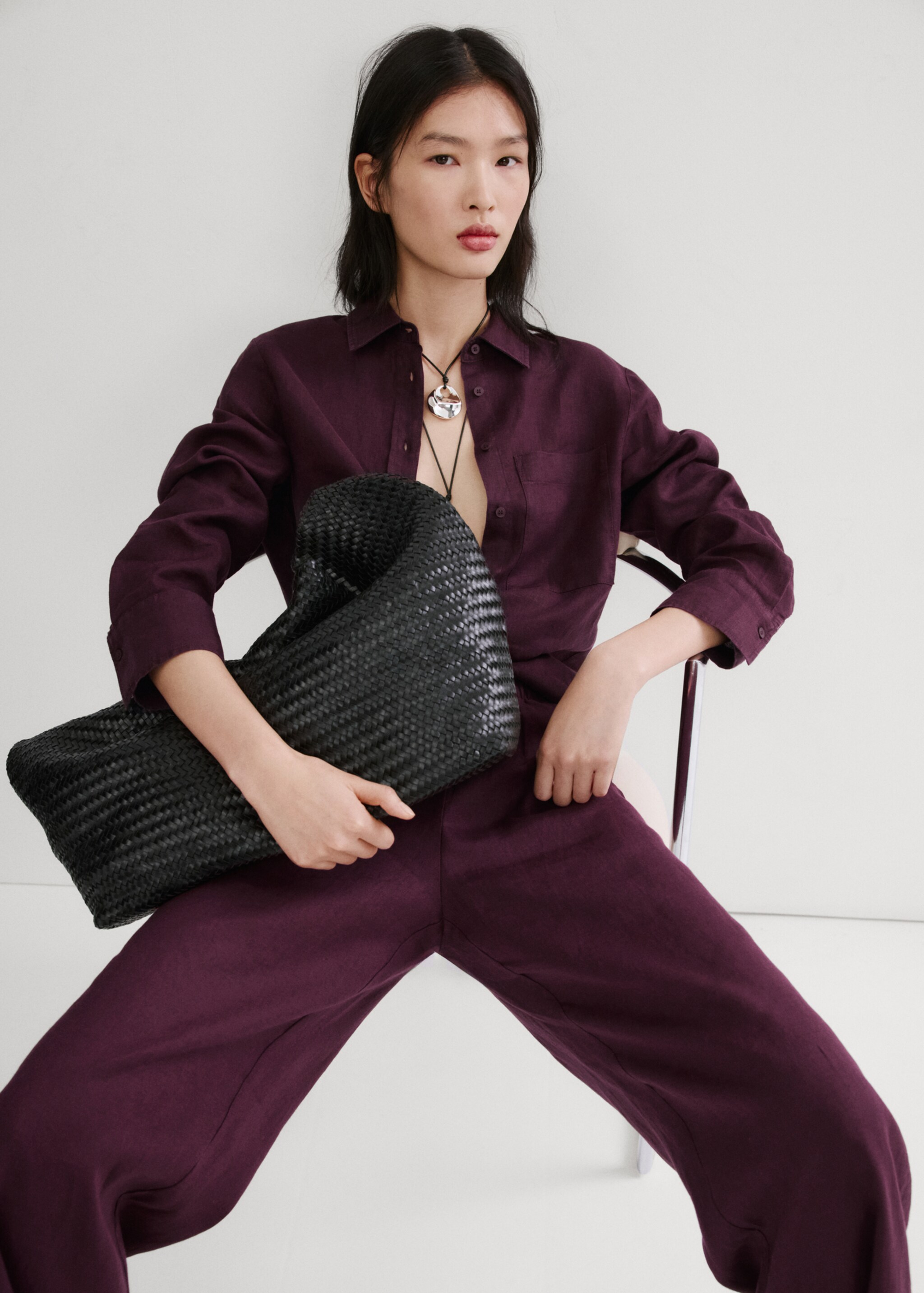 سروال مستقيم من مزيج الكتان - تفاصيل المنتج 1, أرجواني. Ref: 27076356-00.