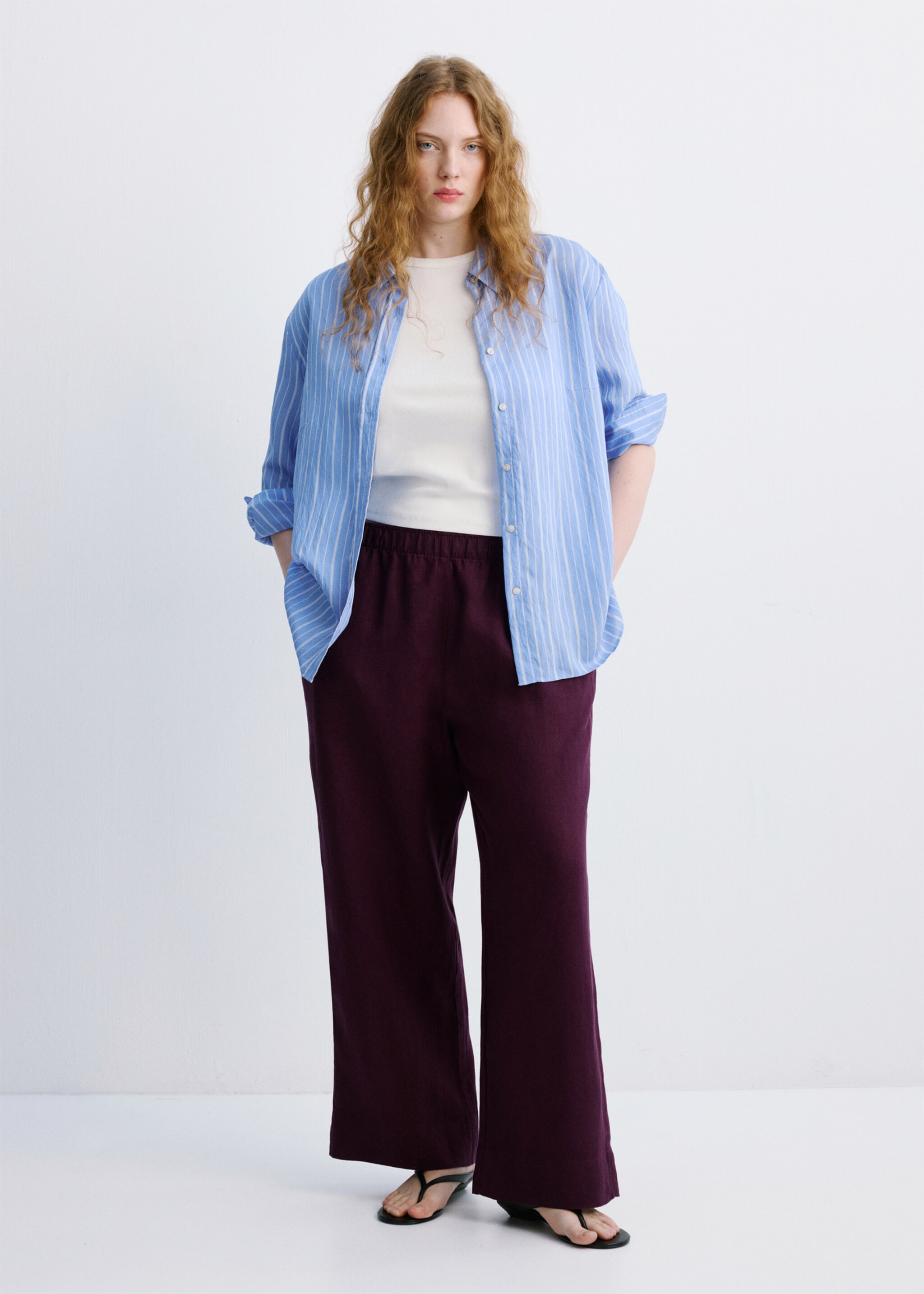 Straight linen-blend trousers - Details of the article 3, Plum. Ref: 27076356-00.
