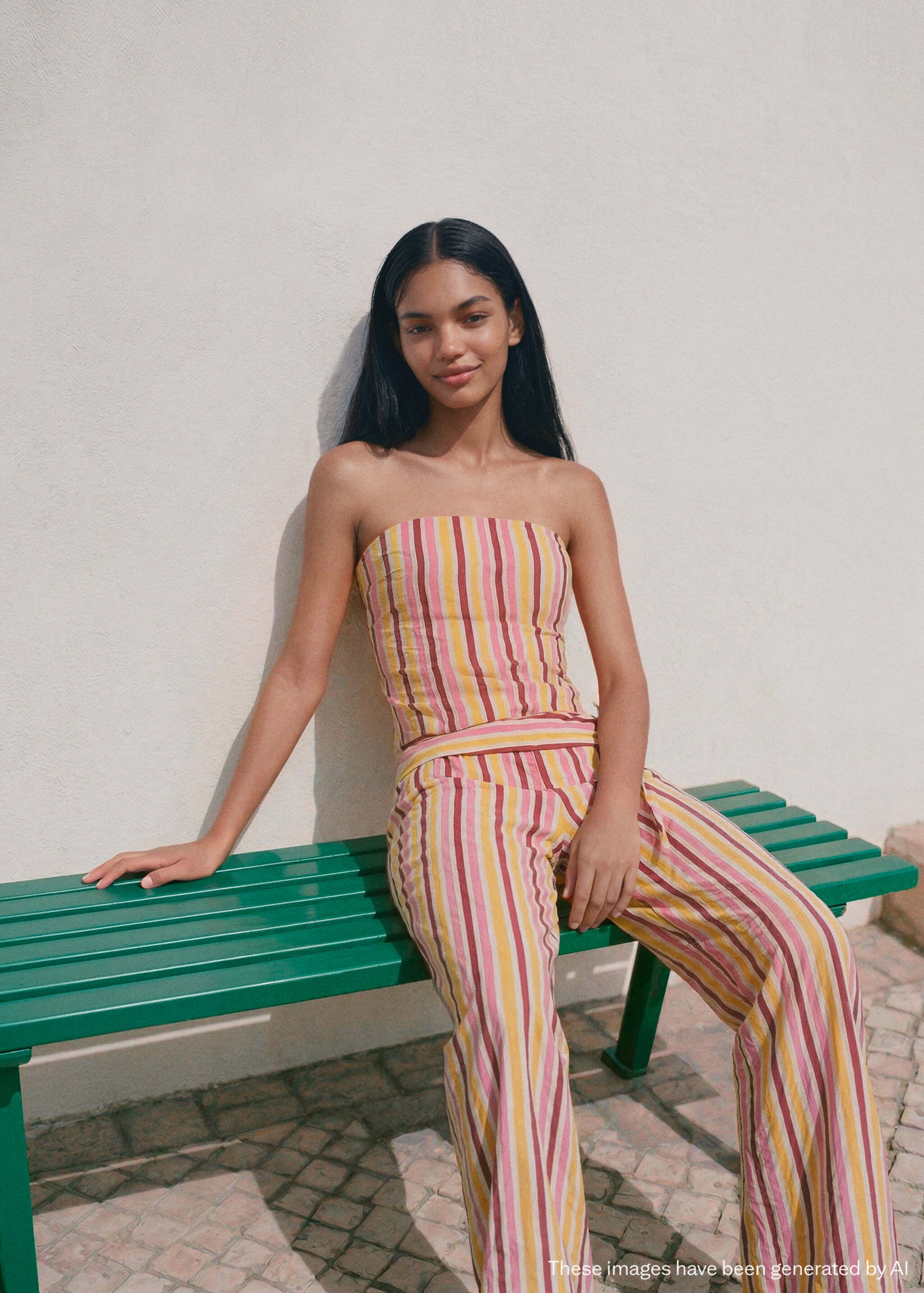 Pantalon fluide à rayures combinées - Plan moyen, Moutarde. Ref: 27076735-00.