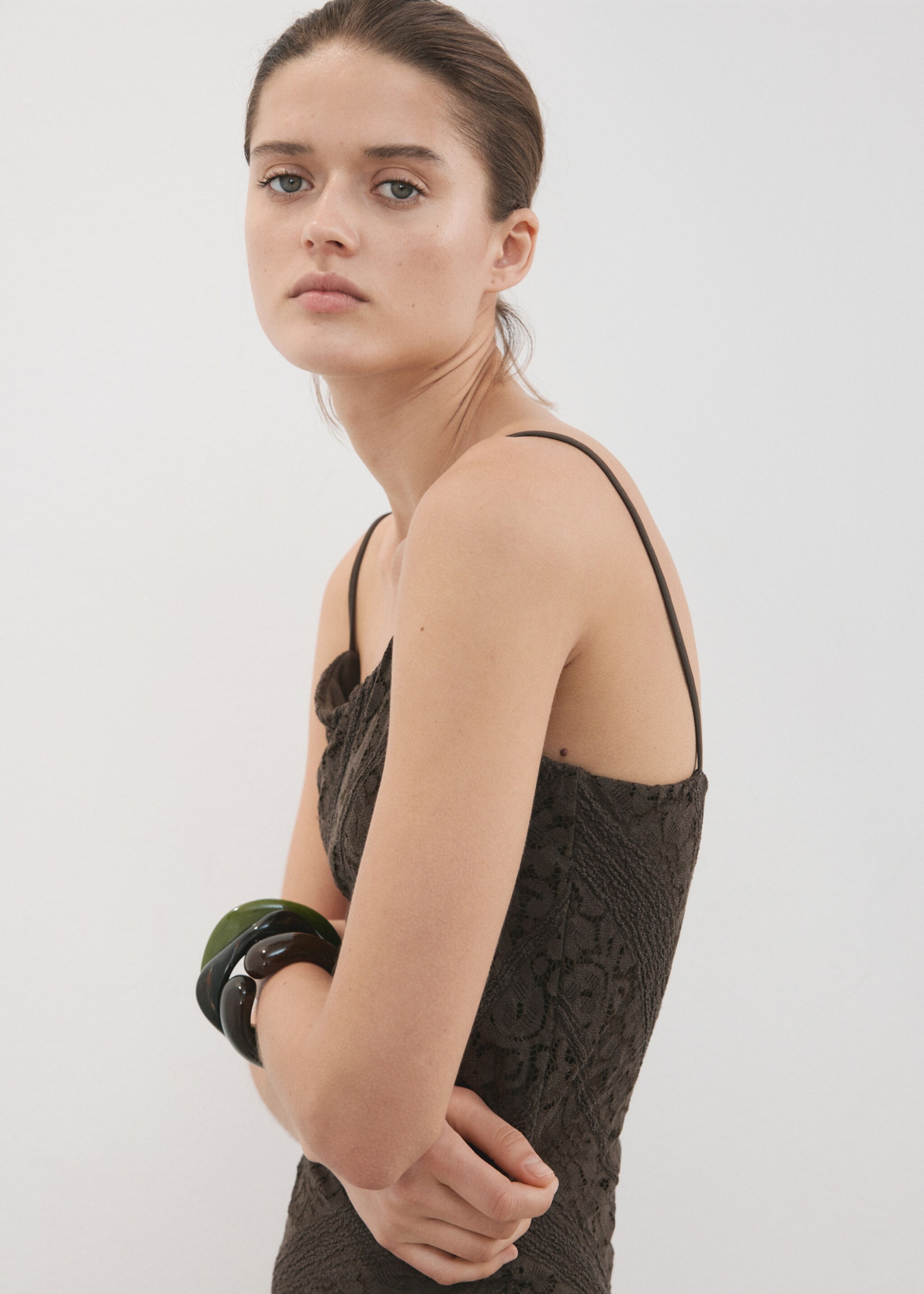 Semi-transparent lace long dress - Details of the article 1, Brown. Ref: 27077142-00.