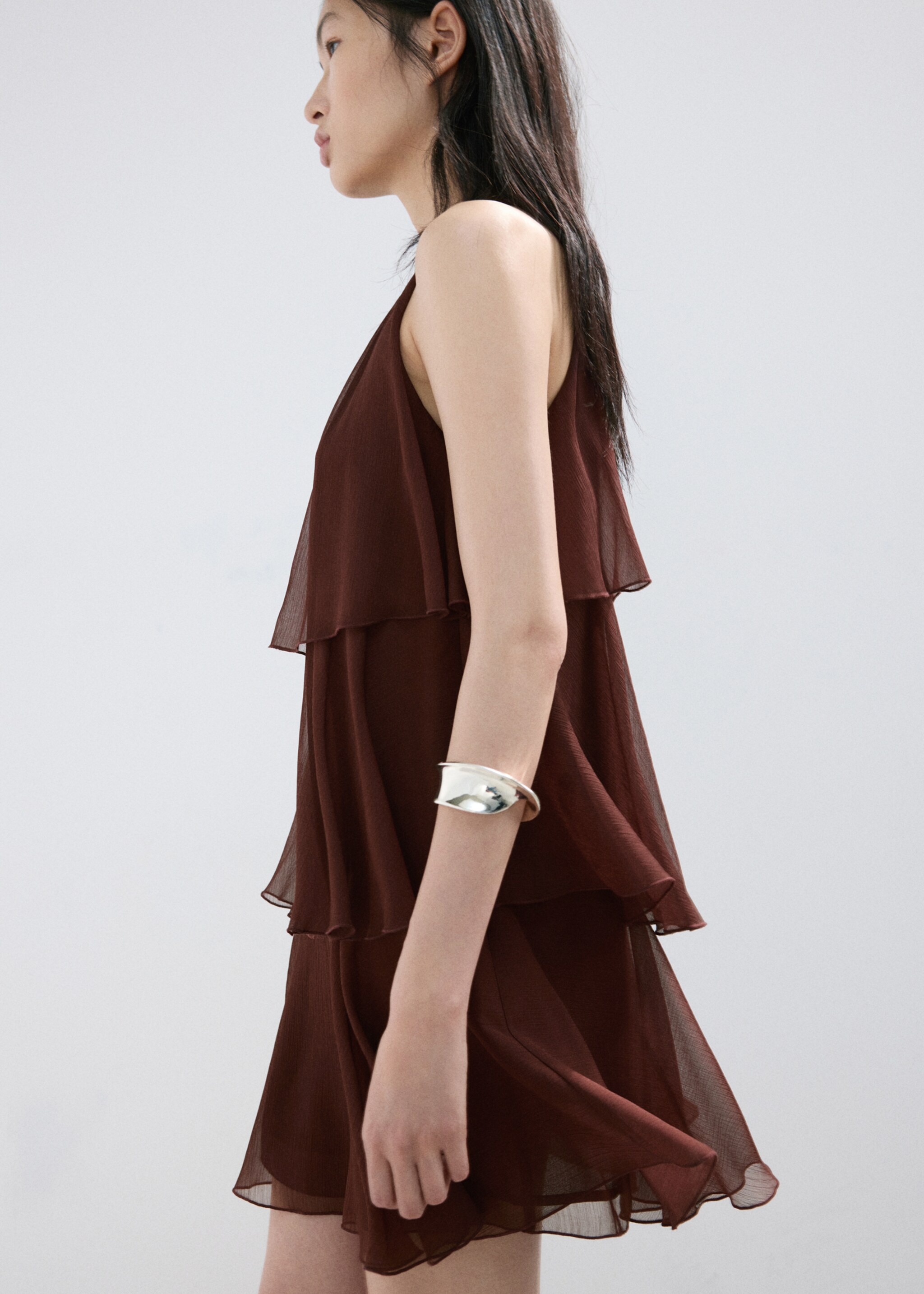 Ruffled draped dress - Details of the article 2, Chocolate. Ref: 27077149-00.