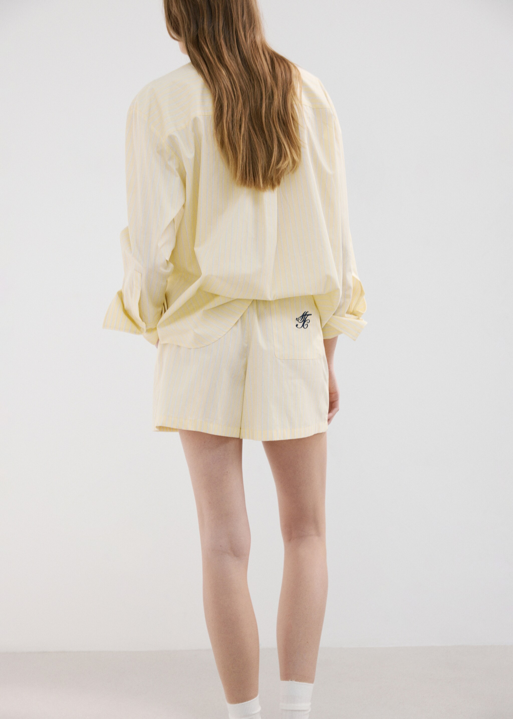 Striped poplin shorts with embroidered message - Reverse of the article, Yellow. Ref: 27077167-00.