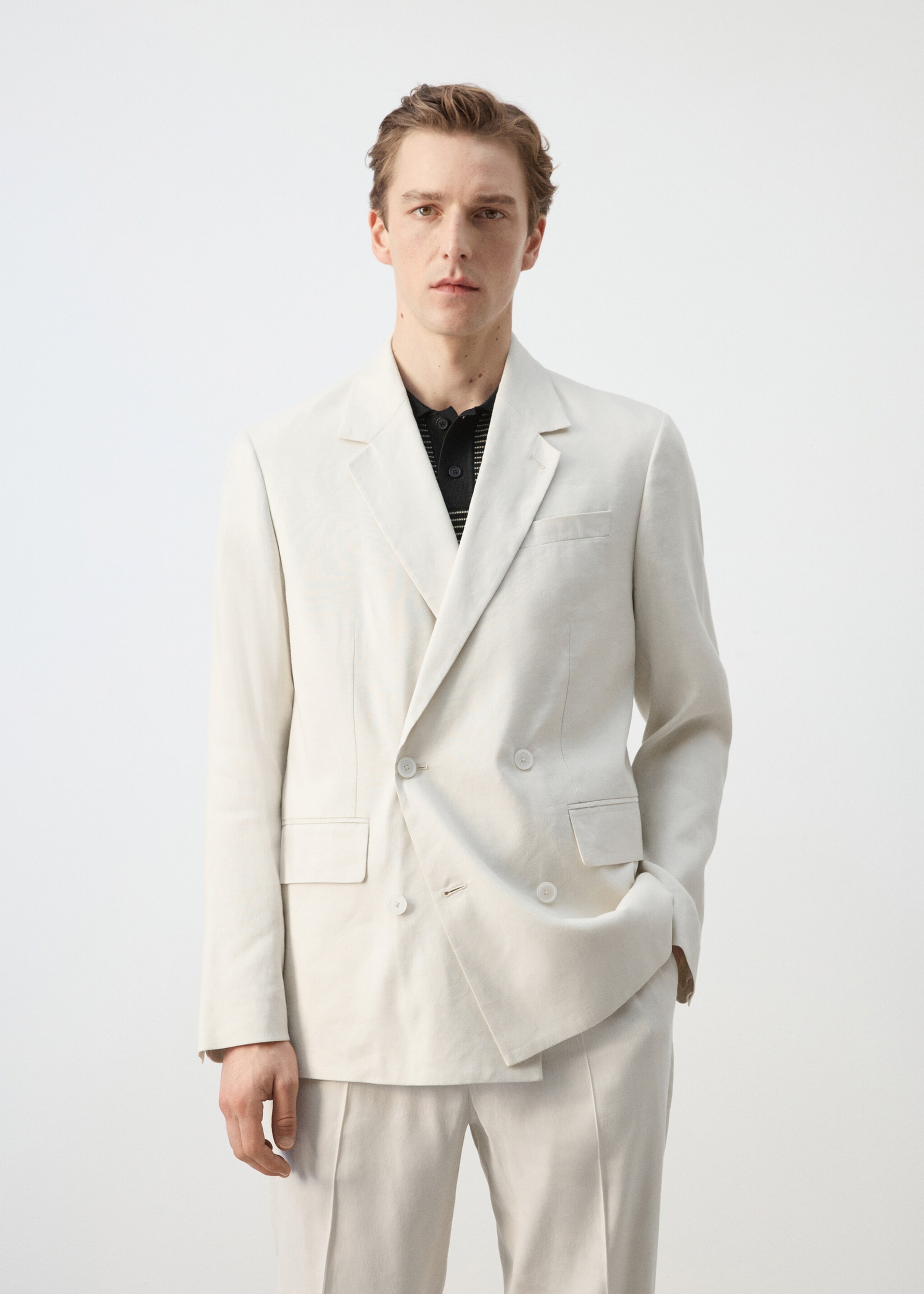 Boston regular-fit double-breasted suit jacket - Medium plane, Ecru. Ref: 27077911-00.