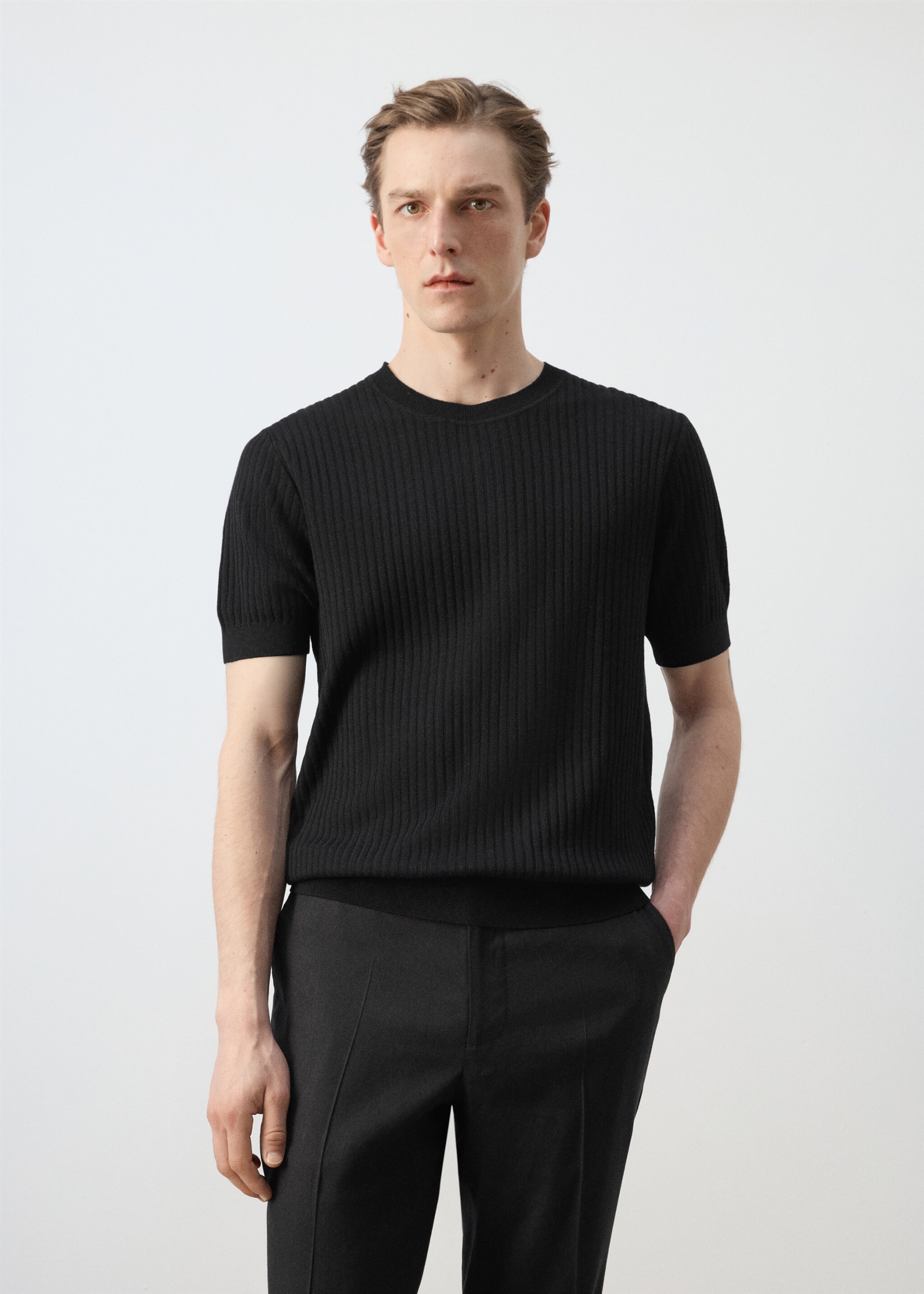 Ribbed  knit t-shirt - Medium plane, Black. Ref: 27077913-00.