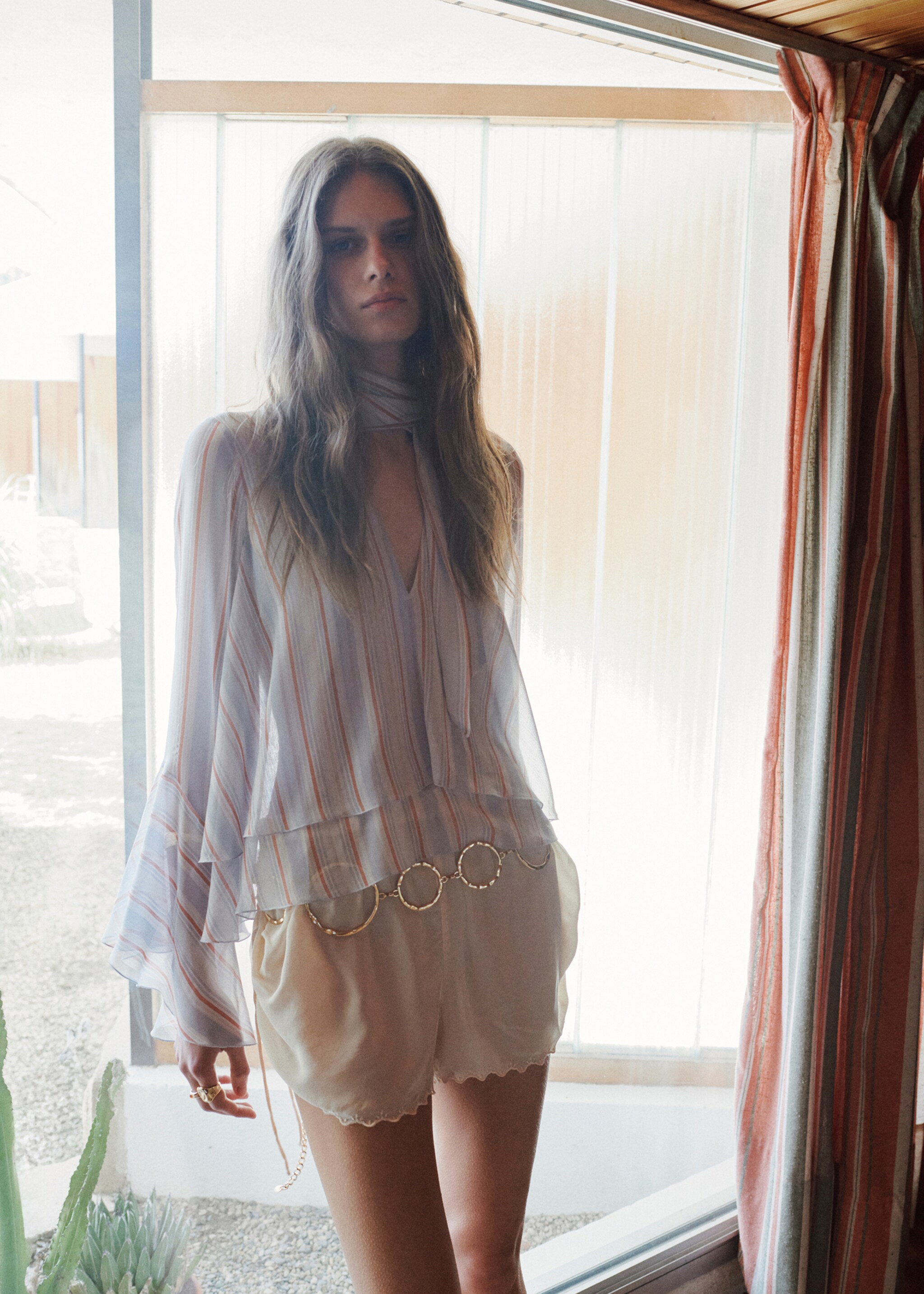 Ruffles stripe-patterned blouse - Details of the article 1, Blue. Ref: 27077941-00.