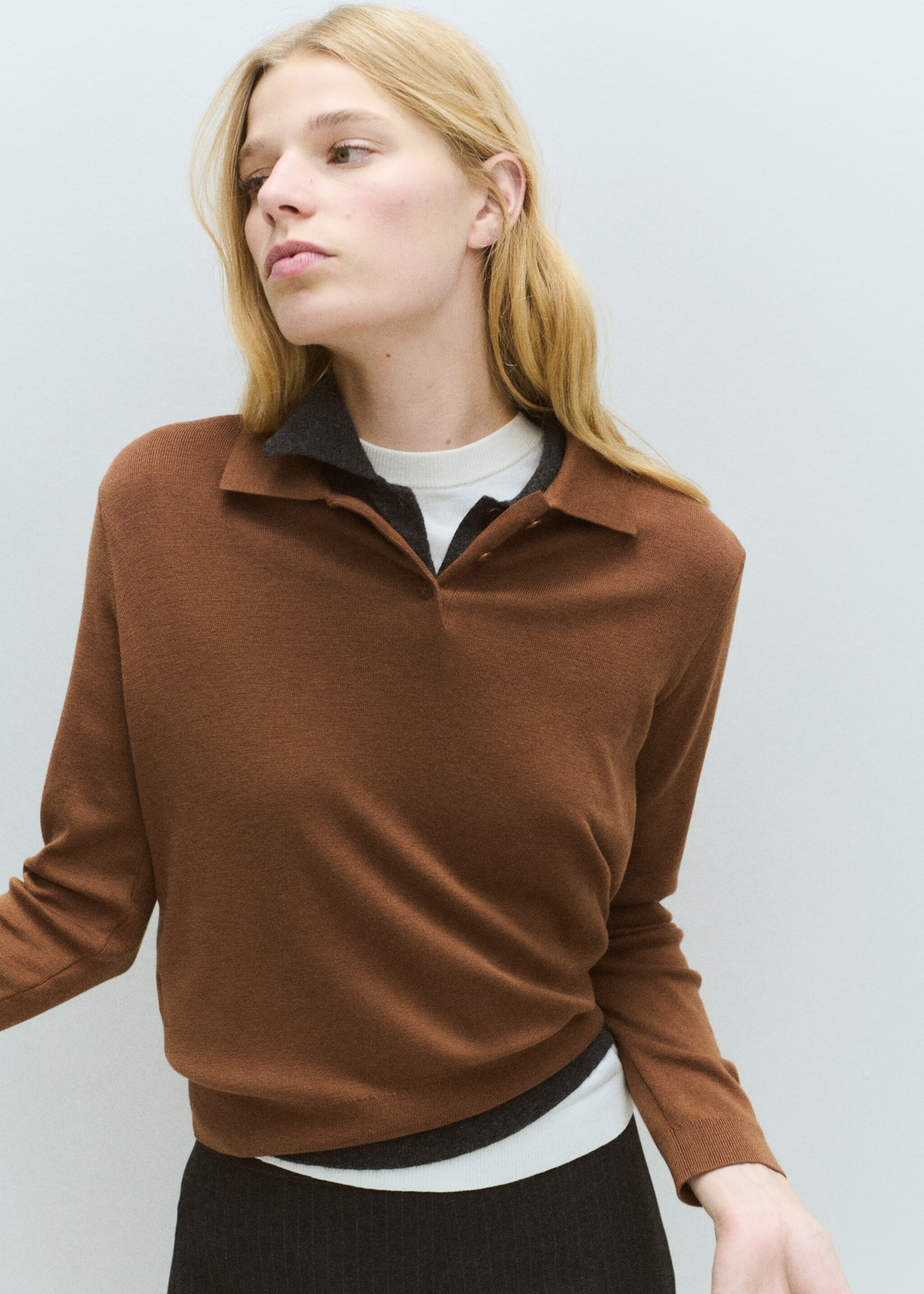 Polo collar wool sweater - Medium plane, Tobacco Brown. Ref: 27081191-00.