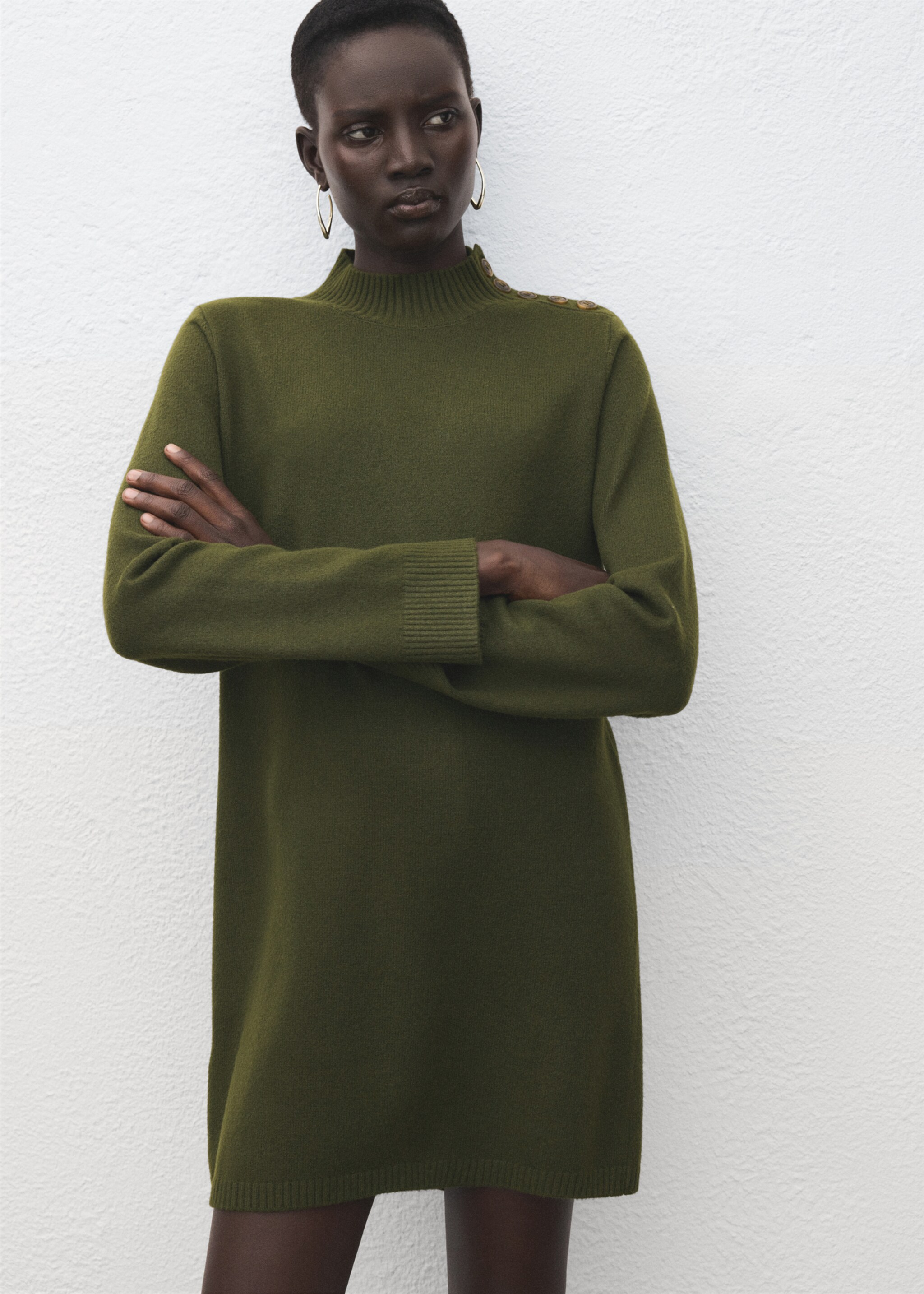 Button knit dress - Medium plane, Khaki. Ref: 27081214-00.