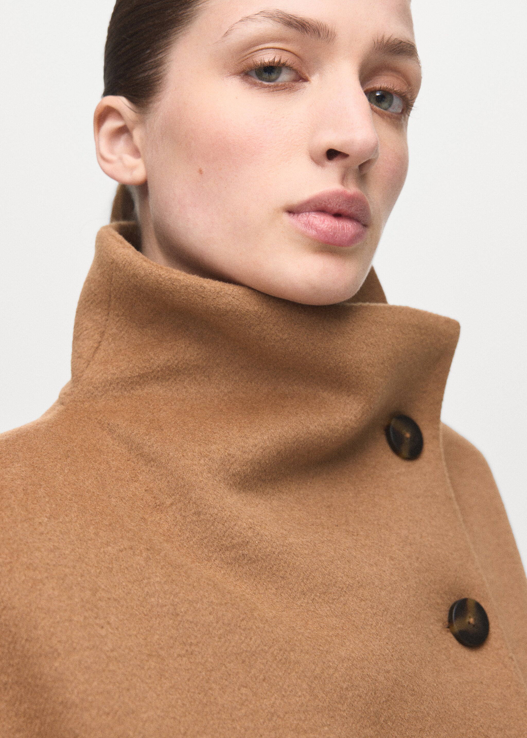 Wool-blend funnel-neck coat - Details of the article 1, Medium Brown. Ref: 27081272-00.