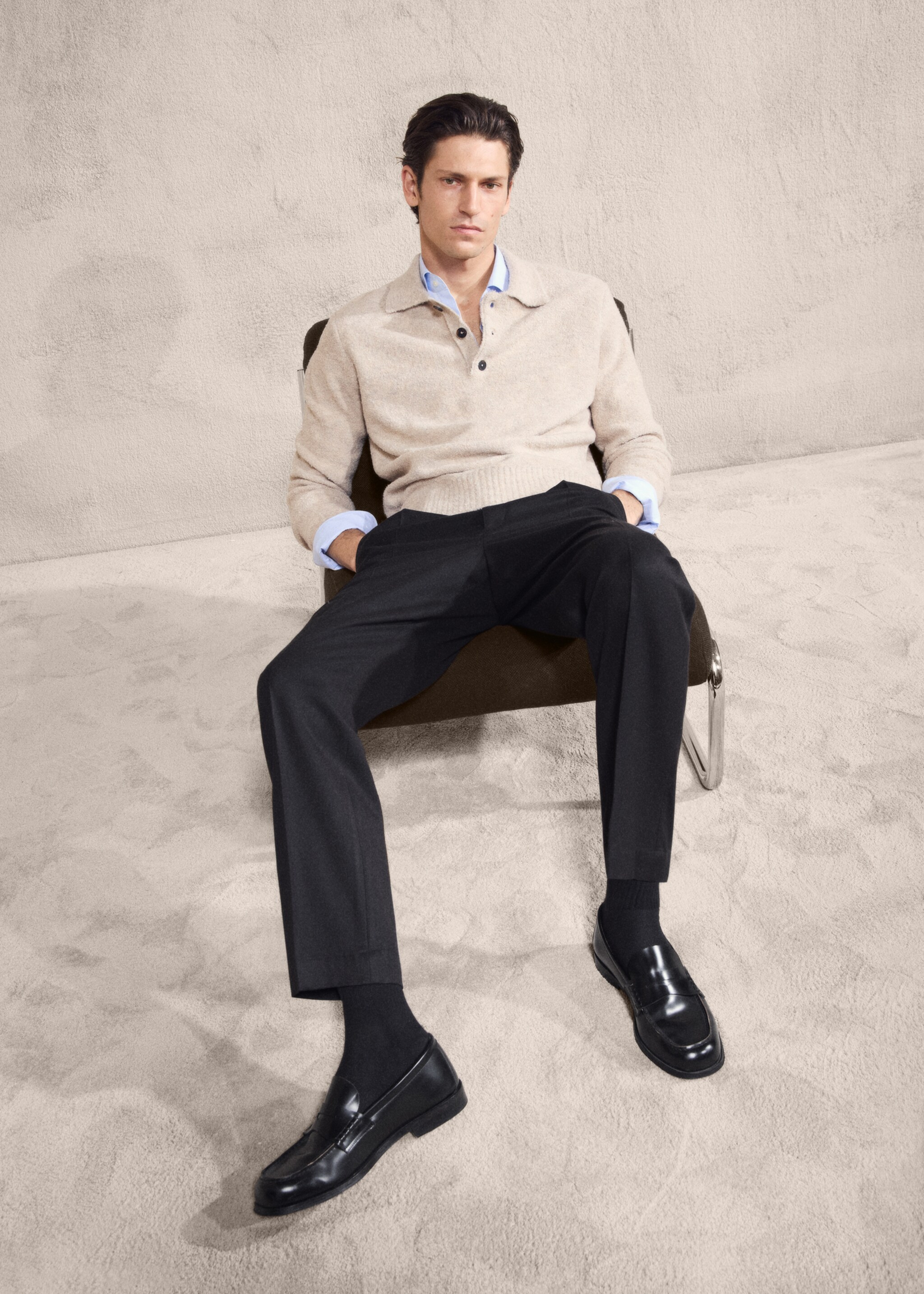 Mini boucle knit polo shirt - Details of the article 3, Sand. Ref: 27081287-00.