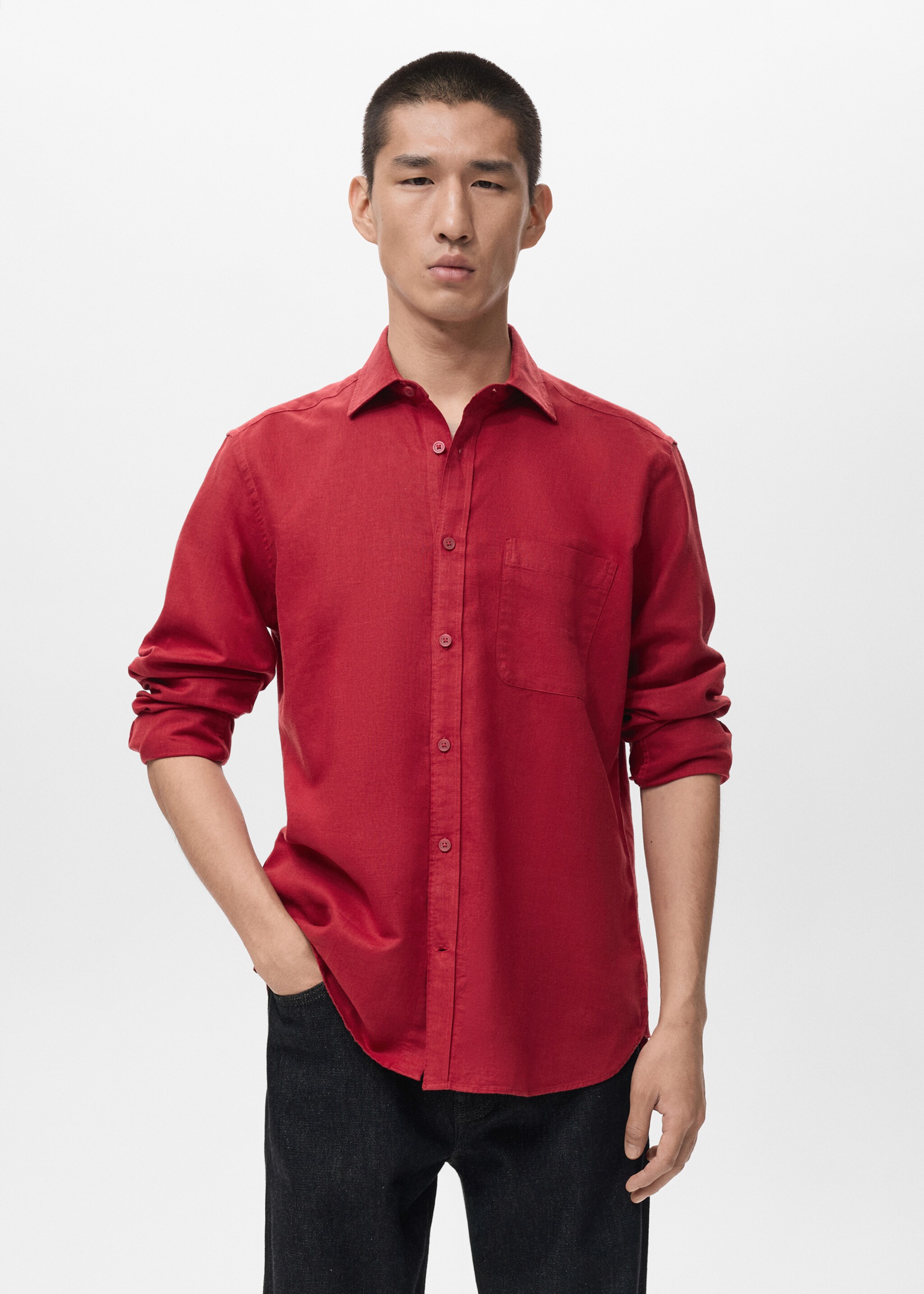 Camisa lino bolsillo - Plano medio, Rojo. Ref: 27081299-00.