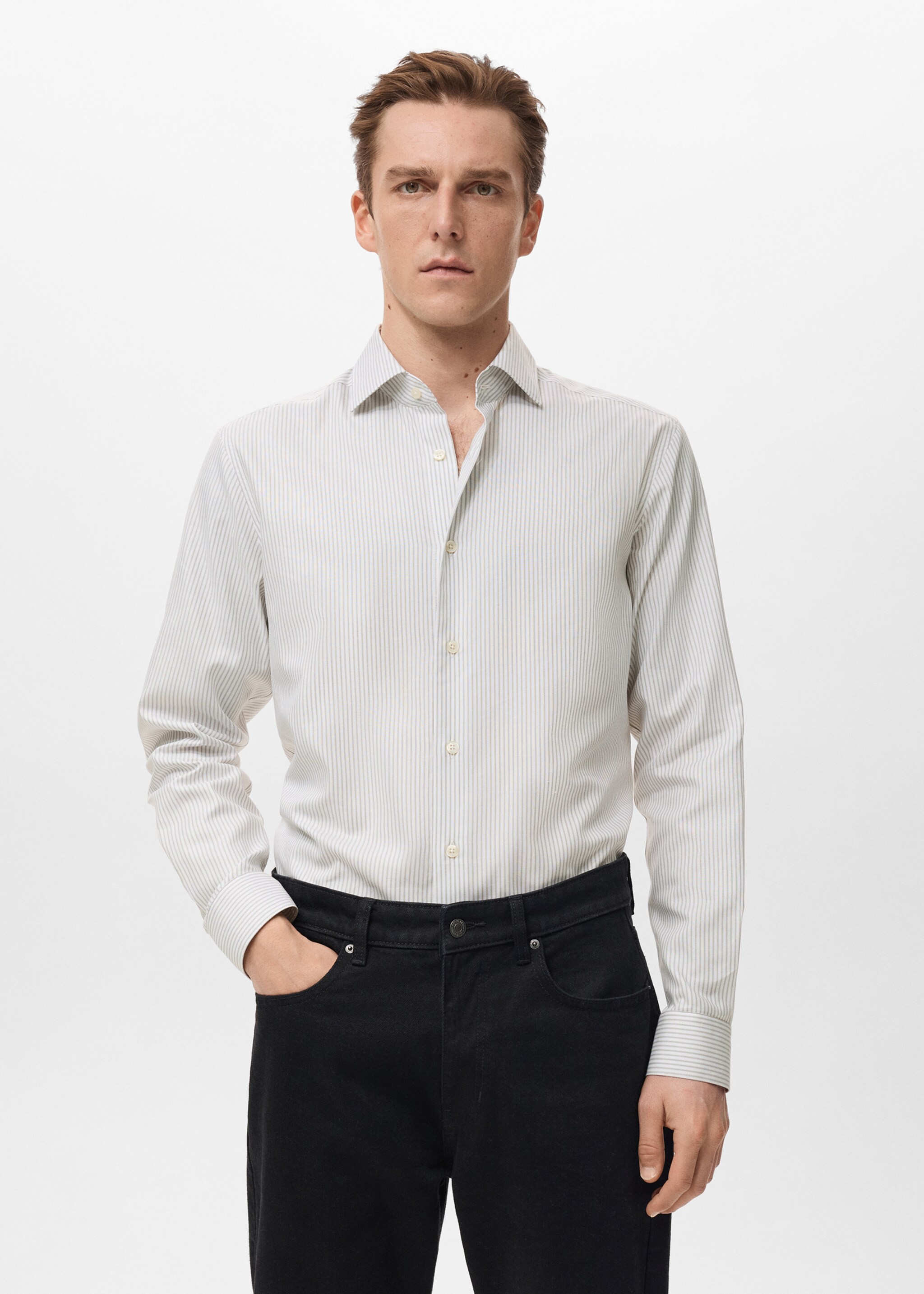 Chemise 100 % coton rayures slim-fit - Plan moyen, Gris chiné clair. Ref: 27081313-00.