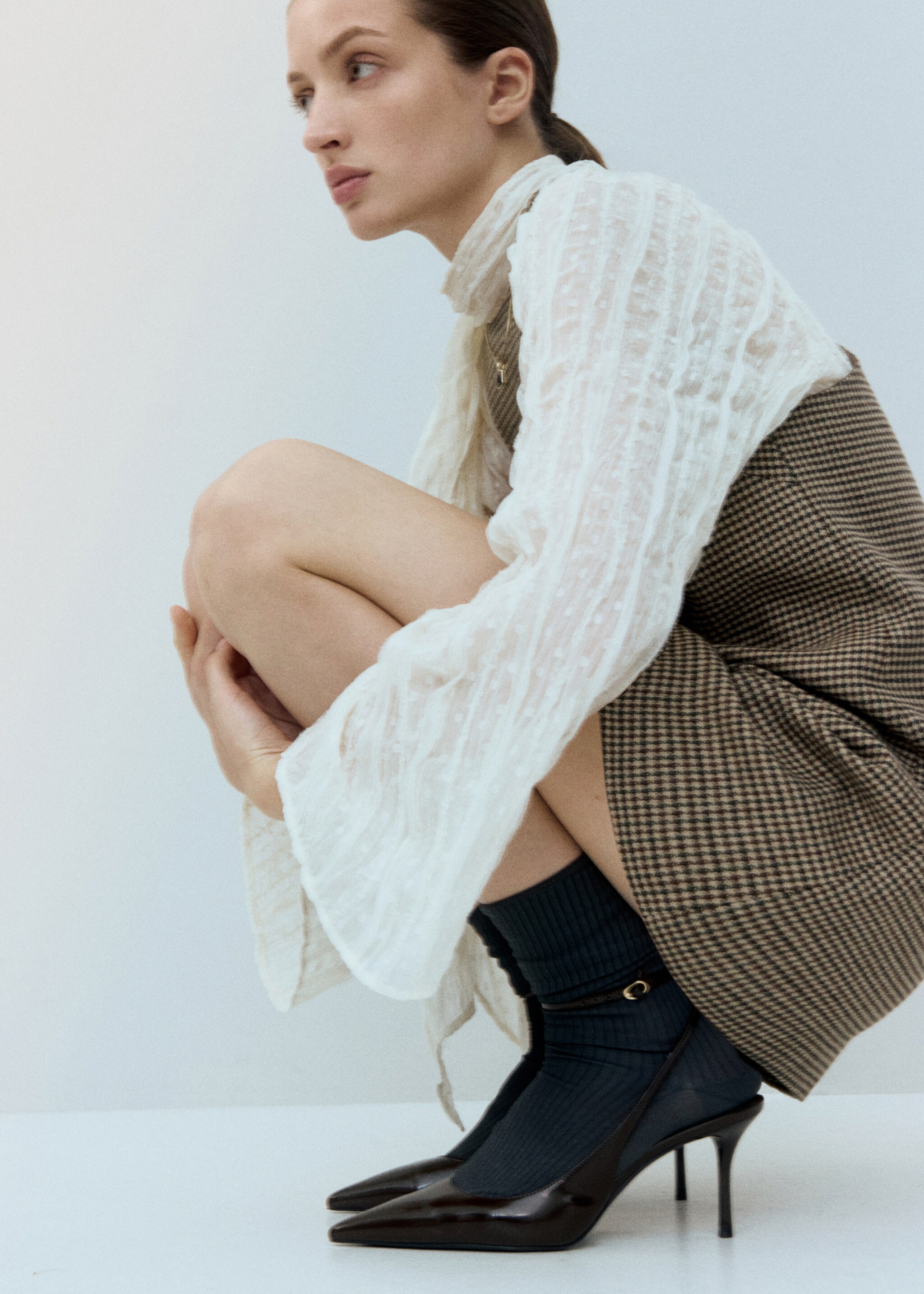 Vestido mezcla lana pata de gallo - Detalle del artículo 2, Marrón medio. Ref: 27081318-00.