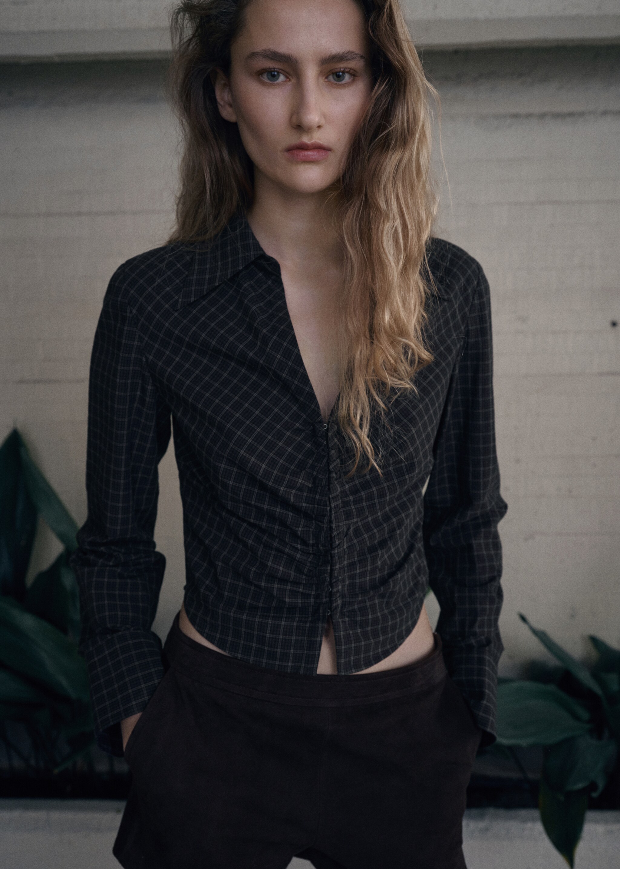 Gathered check blouse - Medium plane, Grey. Ref: 27081337-00.