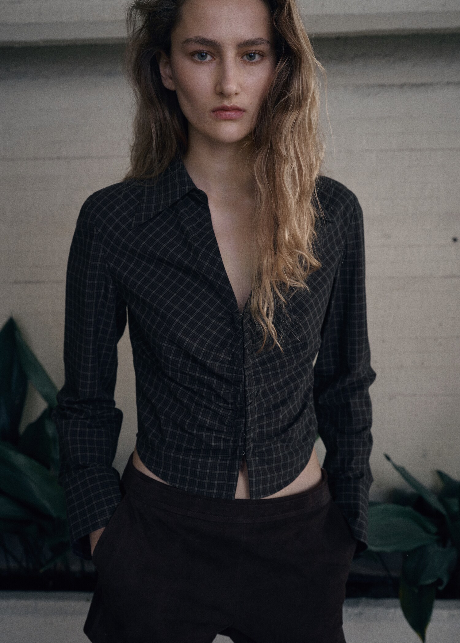 Gathered check blouse - Medium plane