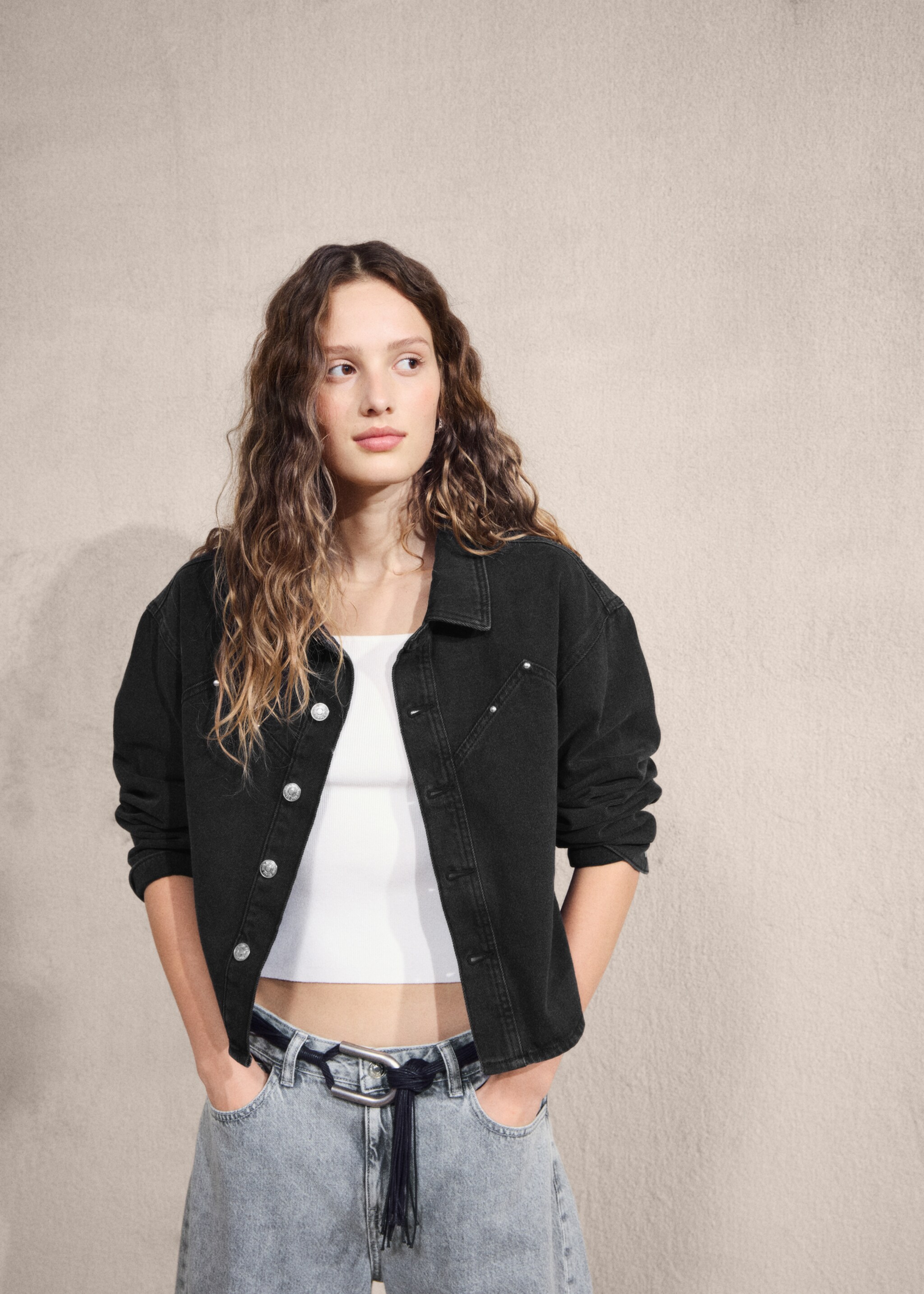 Denim shirt with studs - Details of the article 6, Black denim. Ref: 27082543-00.