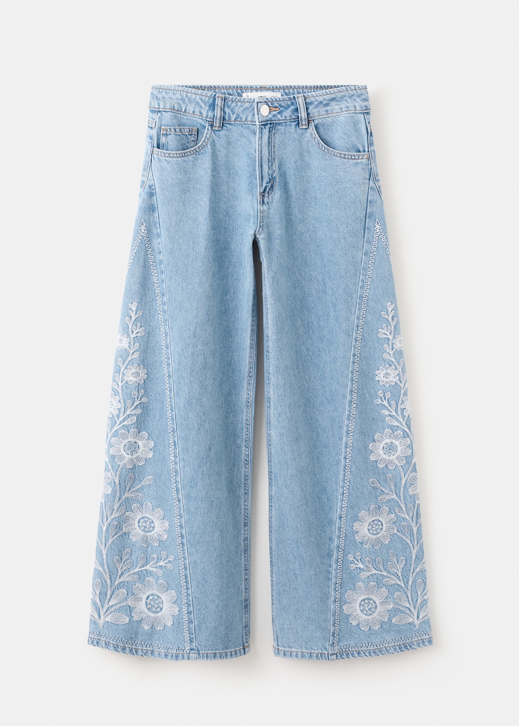 Flower-embroidered wide leg jeans