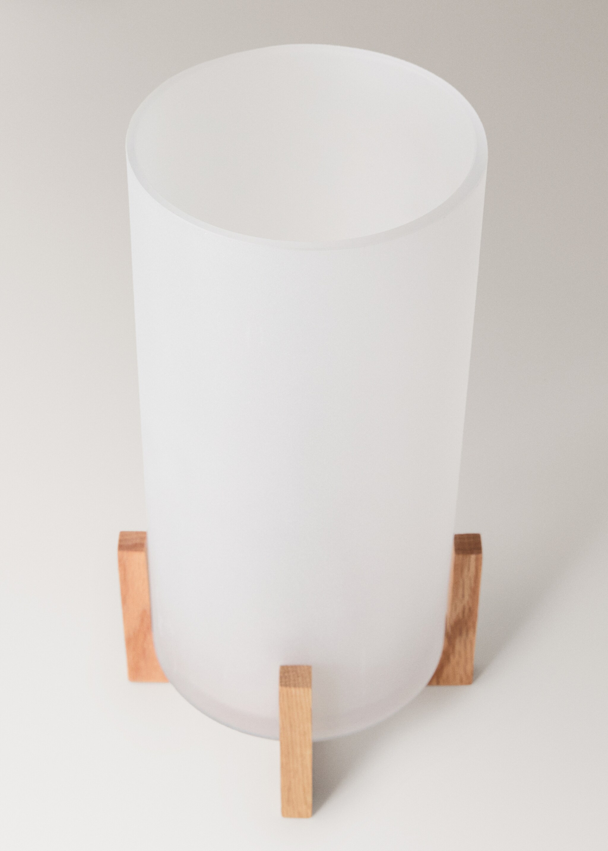 Tall glass lantern with oak wood stand - Details of the article 1, White. Ref: 27083306-00.