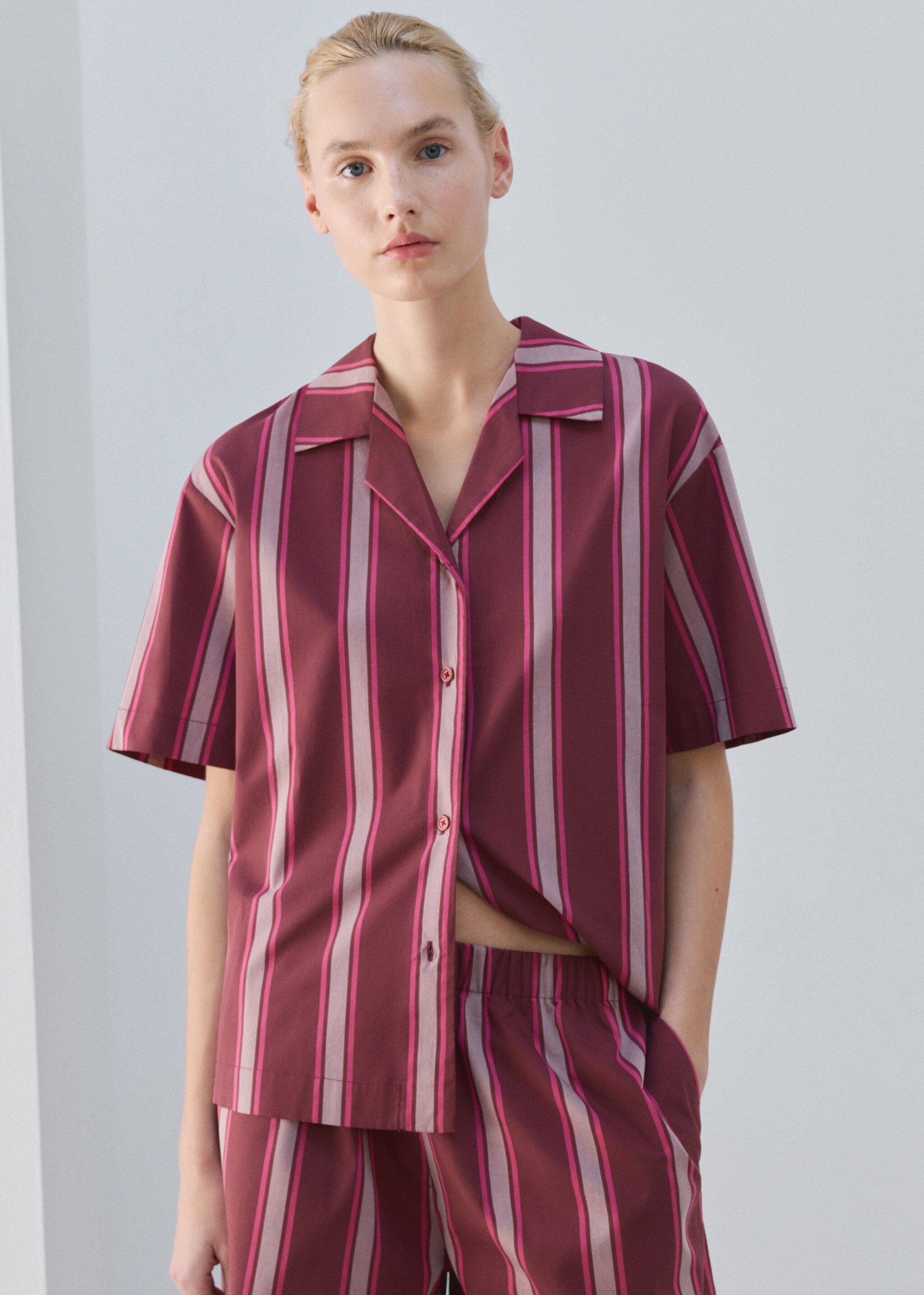 Short-sleeve striped pyjama top - Medium plane, Fuchsia. Ref: 27083324-00.