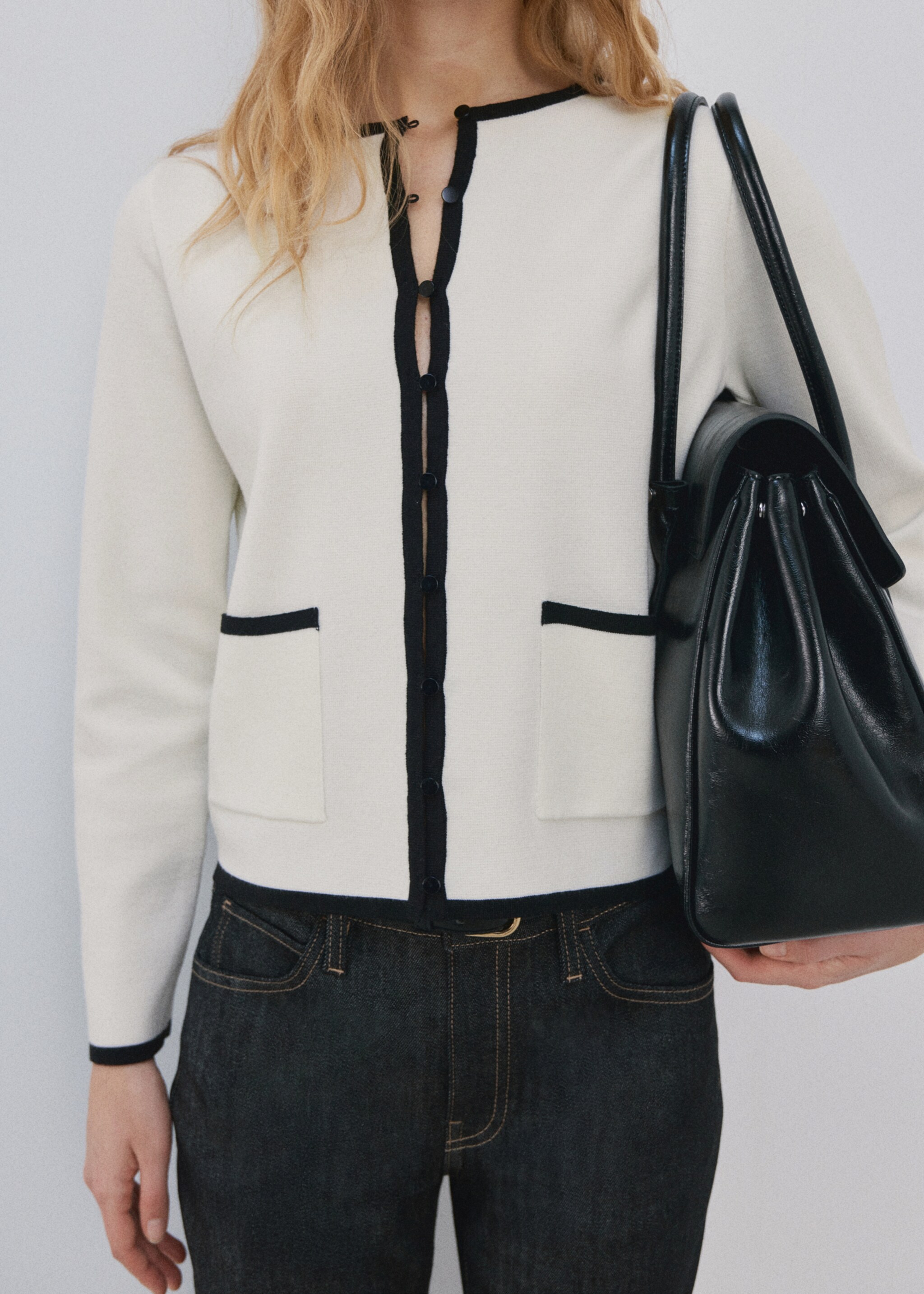 Veste maille liserés contrastants - Plan moyen, Écru. Ref: 27084084-00.