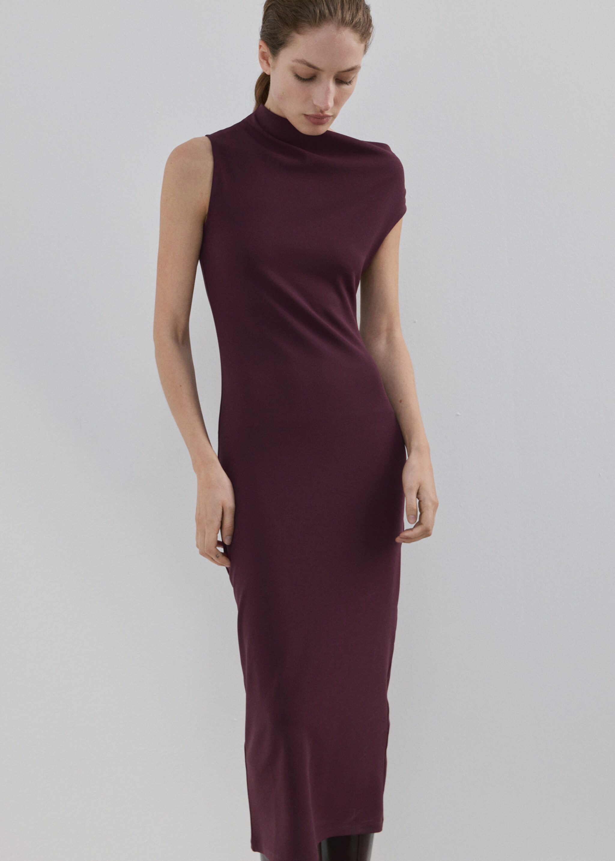 Asymmetrical midi-dress - Medium plane, Burgundy. Ref: 27084098-00.