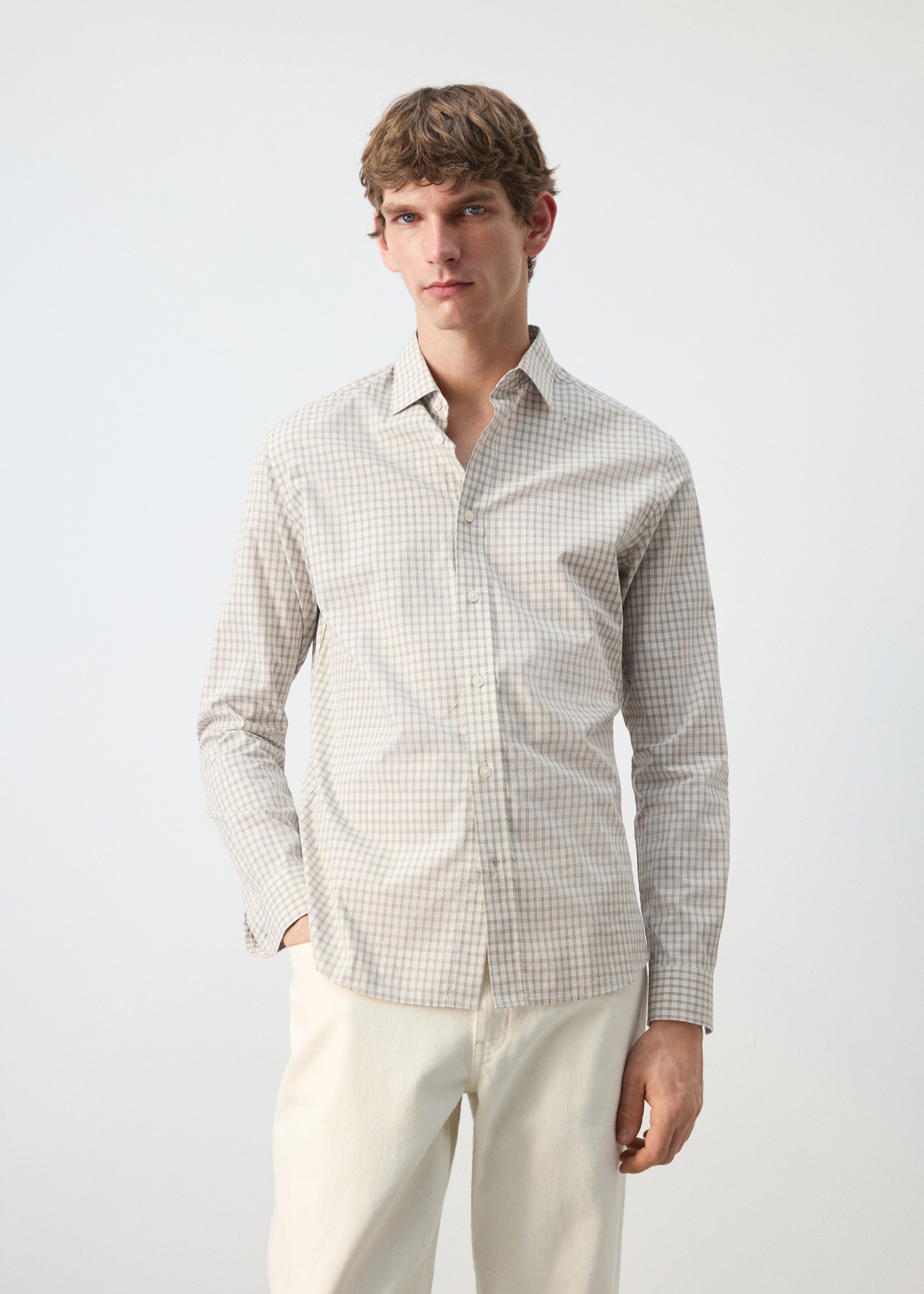 100% cotton checked shirt - Medium plane, Light/Pastel Grey. Ref: 27084428-00.