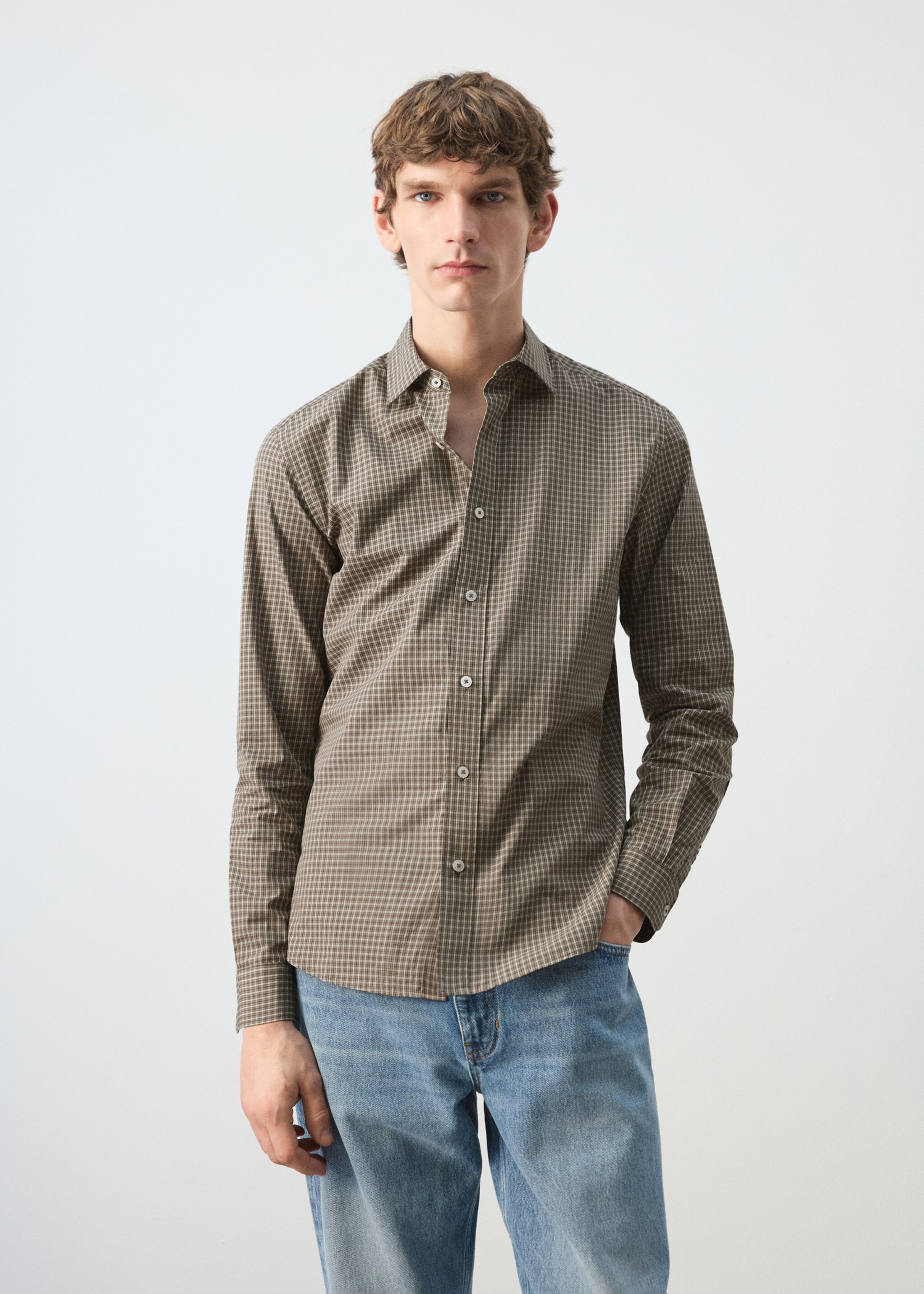 100% cotton checked shirt - Medium plane, Brown. Ref: 27084428-00.