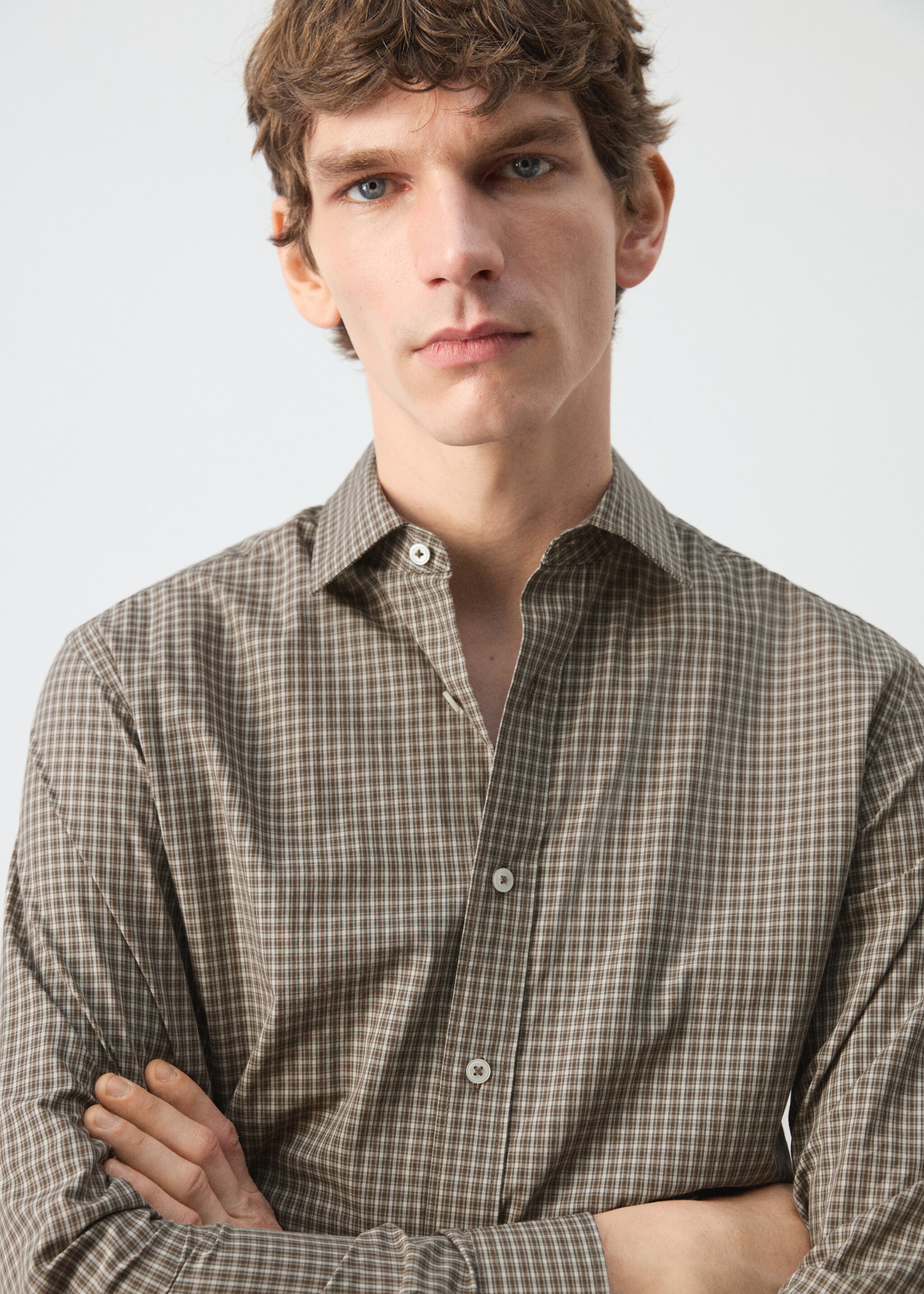 100% cotton checked shirt - Details of the article 1, Brown. Ref: 27084428-00.