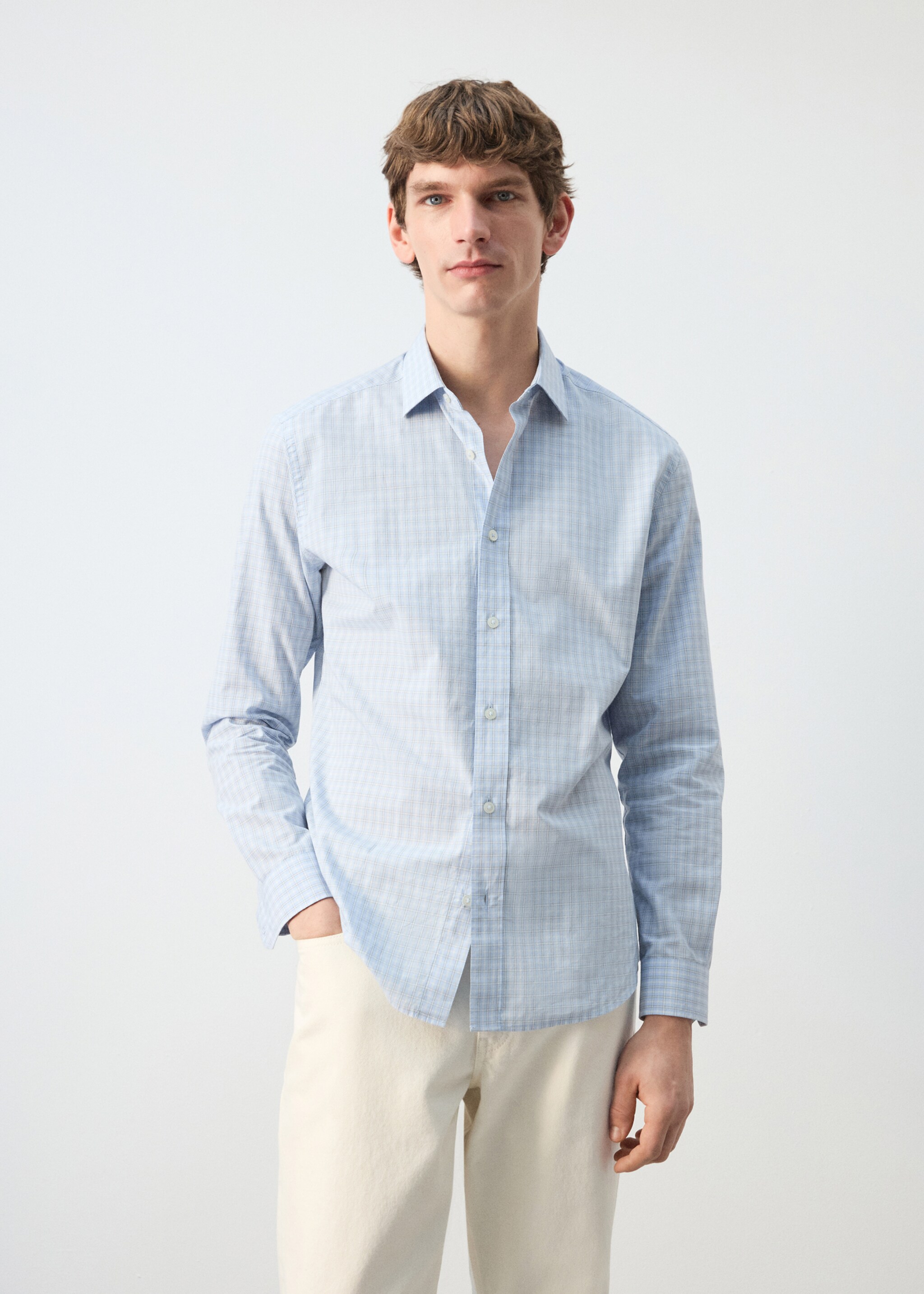 100% cotton checked shirt - Medium plane, Sky Blue. Ref: 27084428-00.