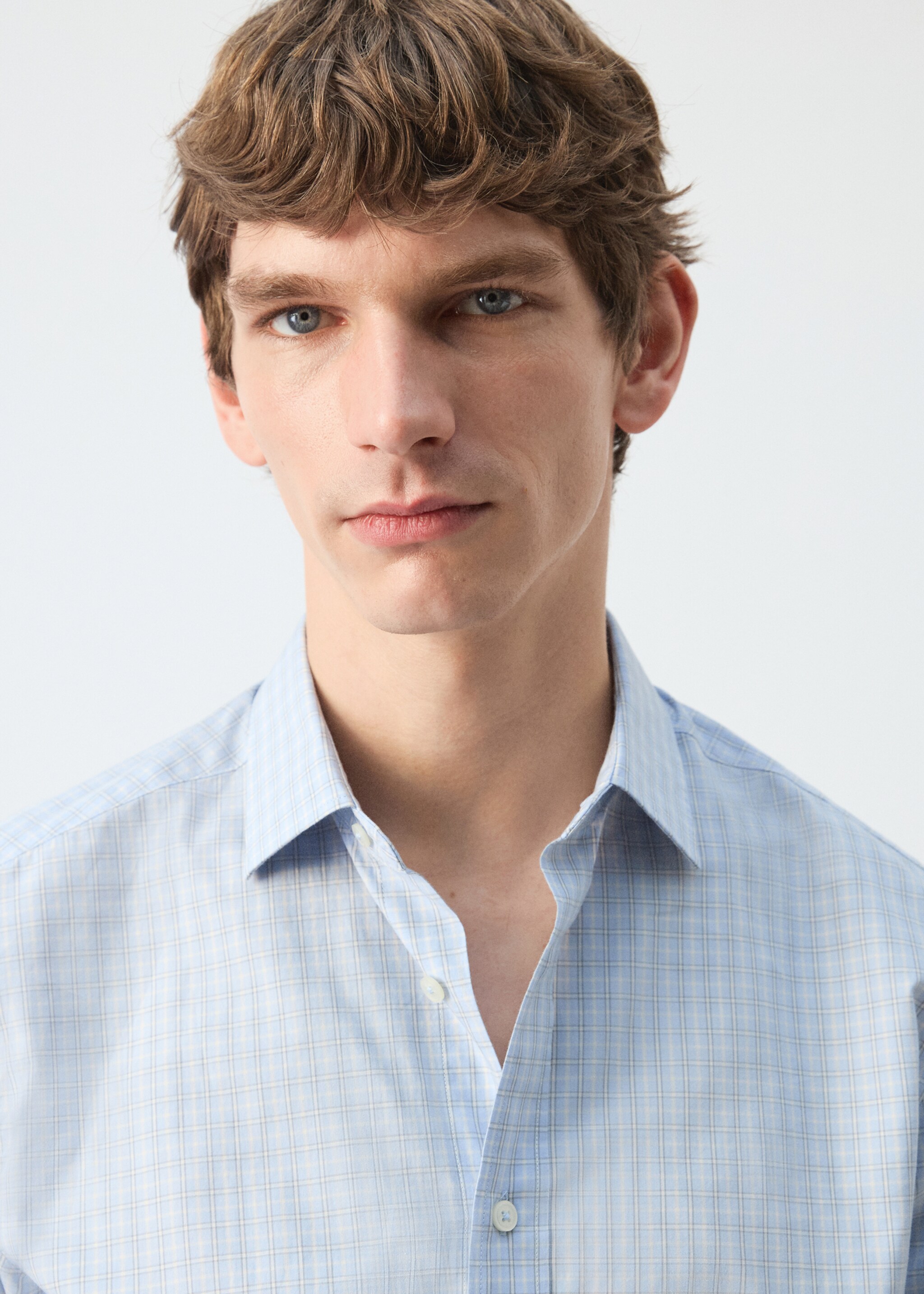 100% cotton checked shirt - Details of the article 1, Sky Blue. Ref: 27084428-00.