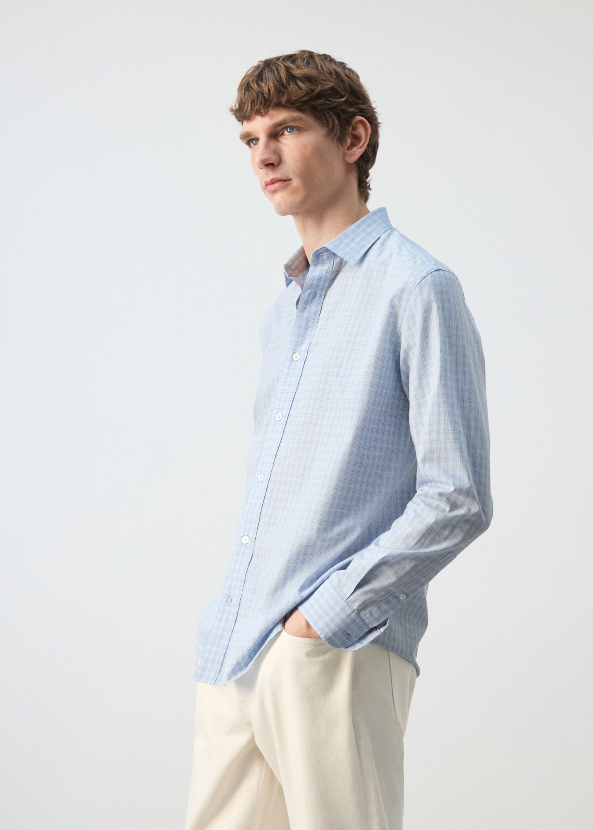 100% cotton checked shirt - Details of the article 2, Sky Blue. Ref: 27084428-00.