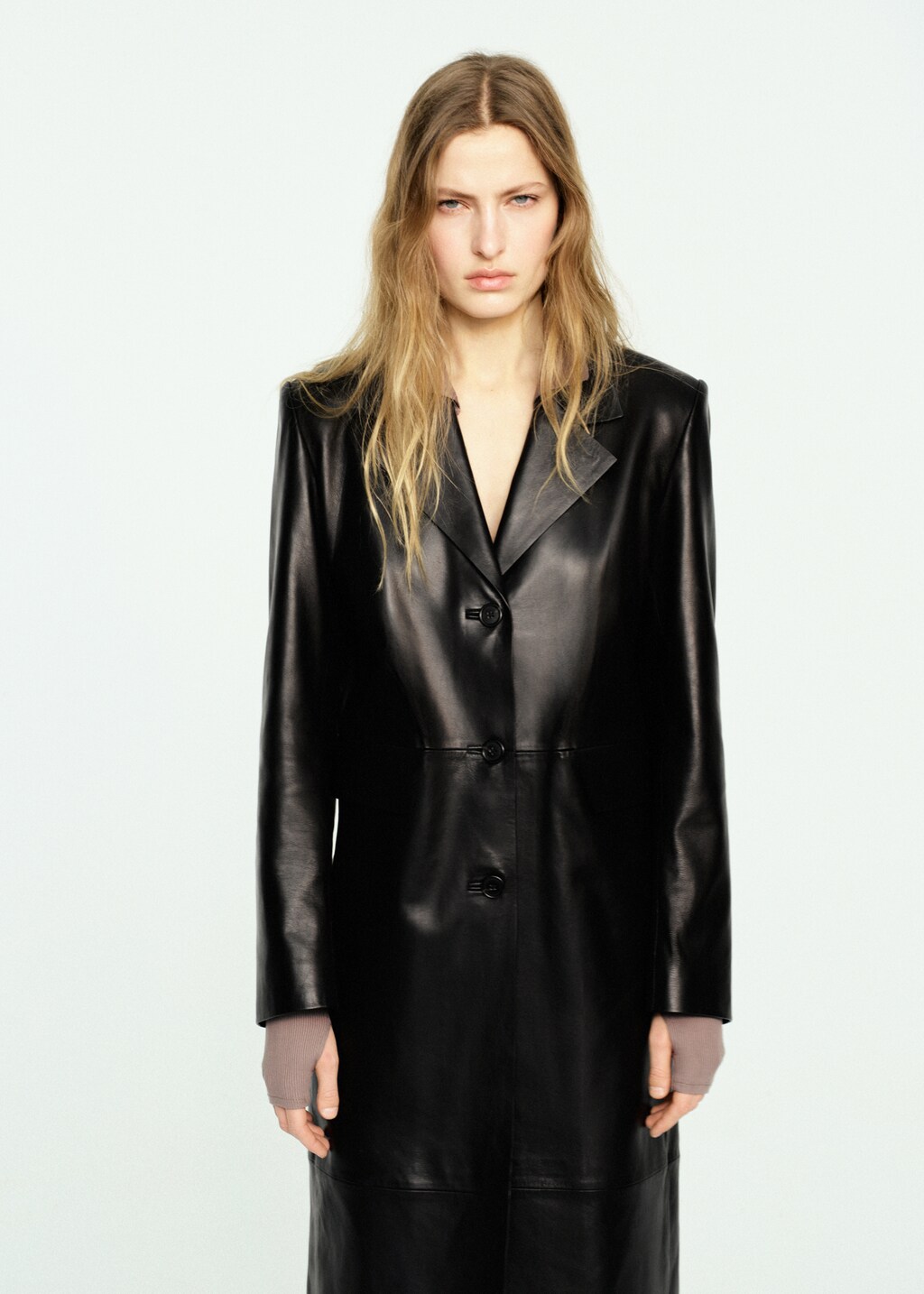 Straight 100% leather coat with pockets - image 3