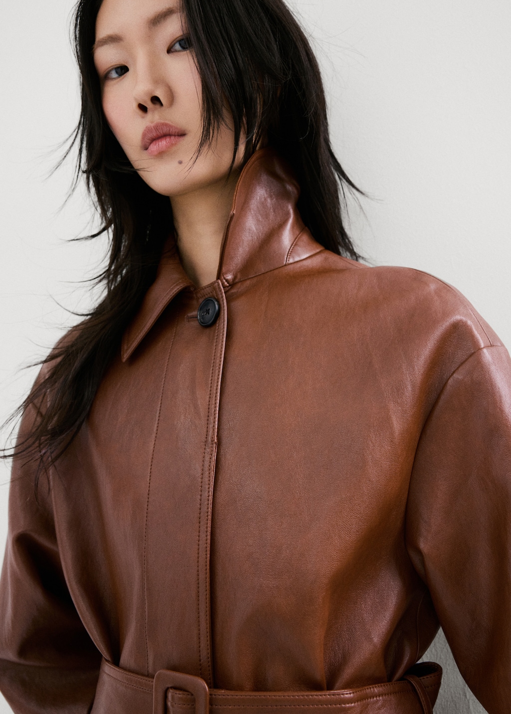 Mango Long faux-leather trench coat with belt