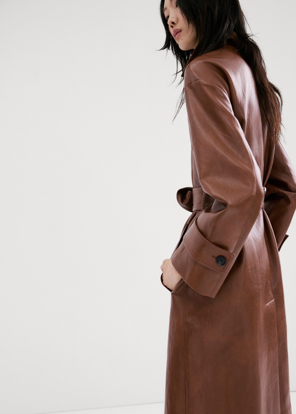 Mango Long faux-leather trench coat with belt