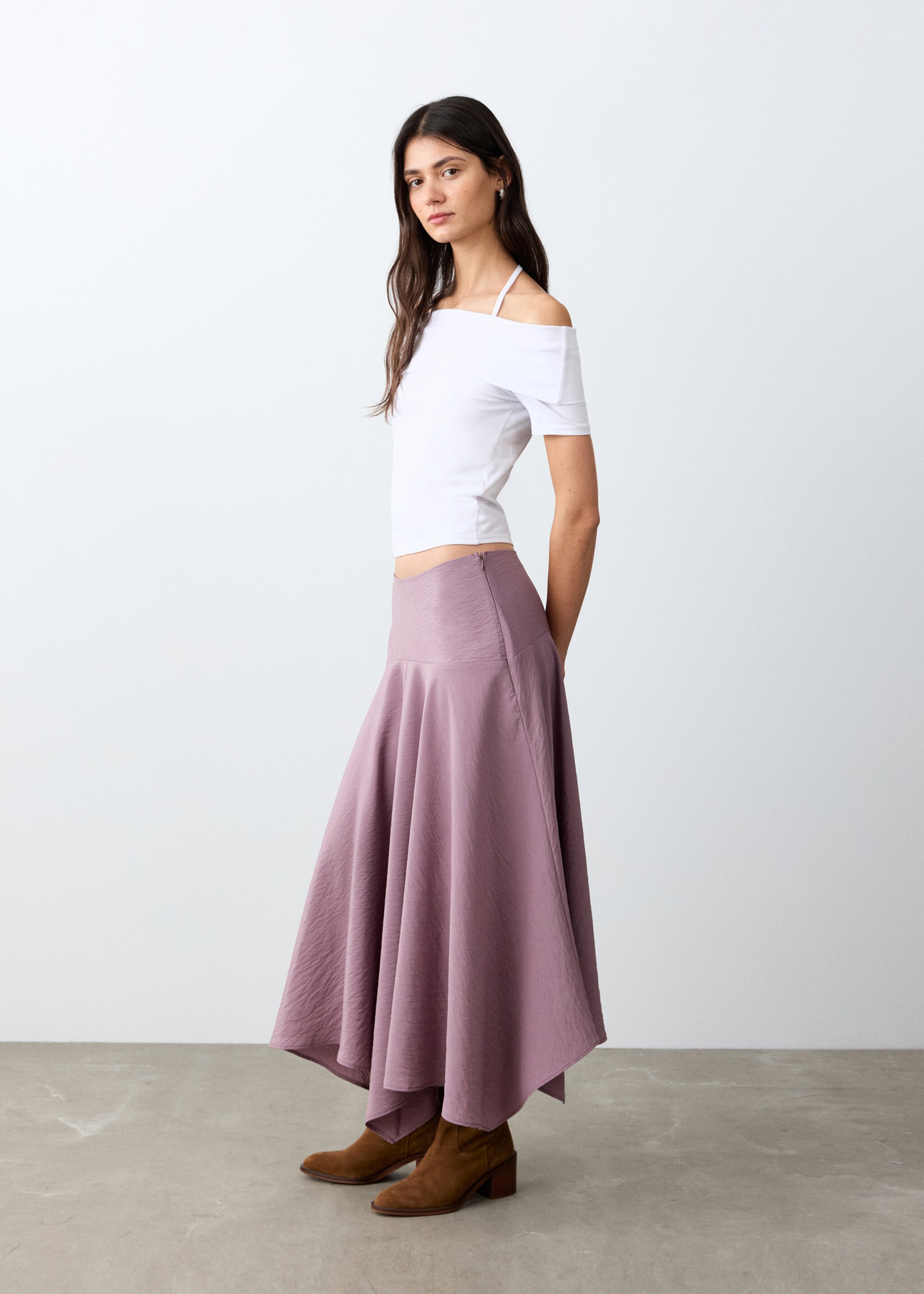 드레이프 미디 스커트 - 중간 평면도, 파스텔 핑크. Ref: 27084775-00.