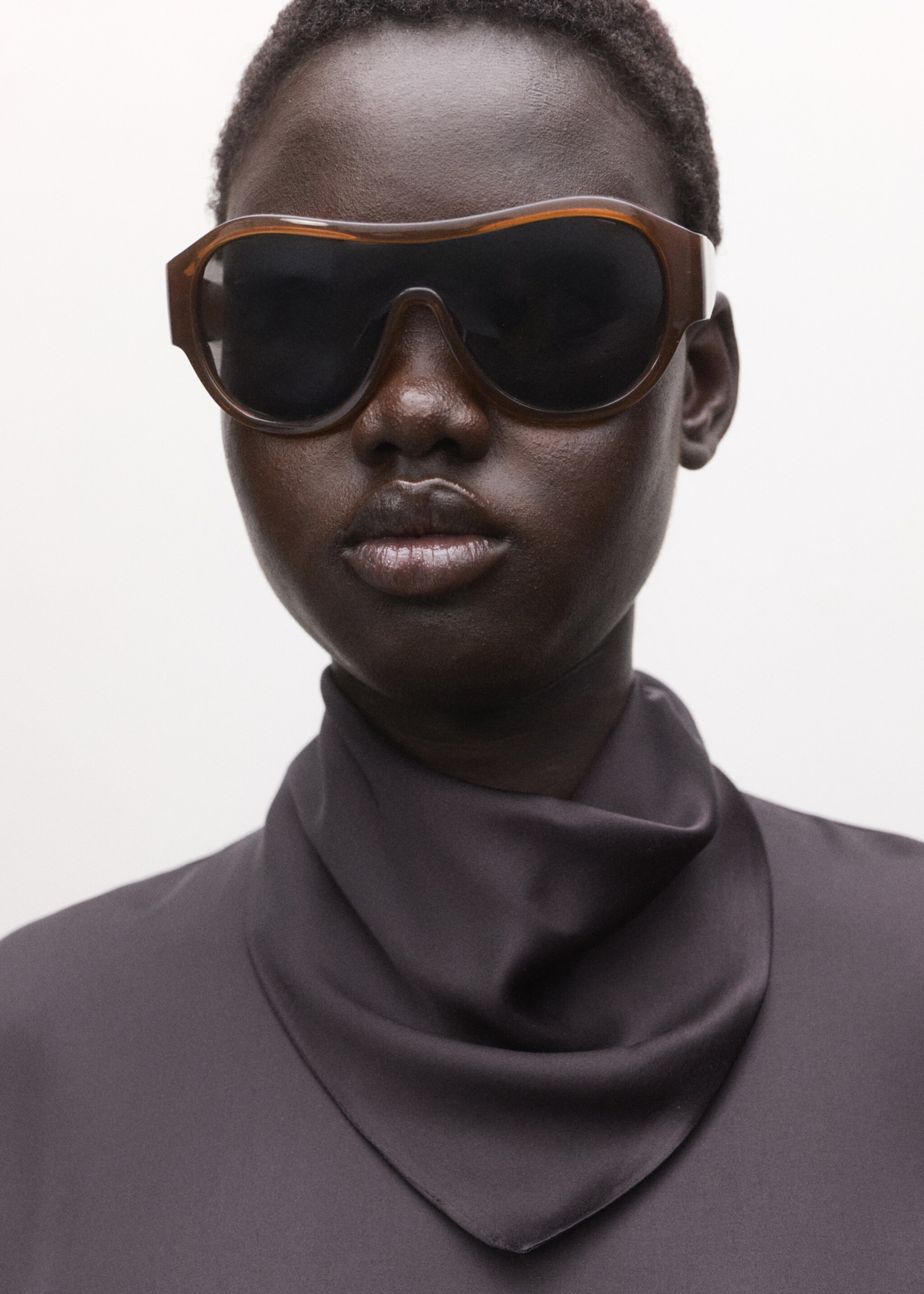 Satin blouse with a turtleneck - Details of the article 1, Brown. Ref: 27084786-00.