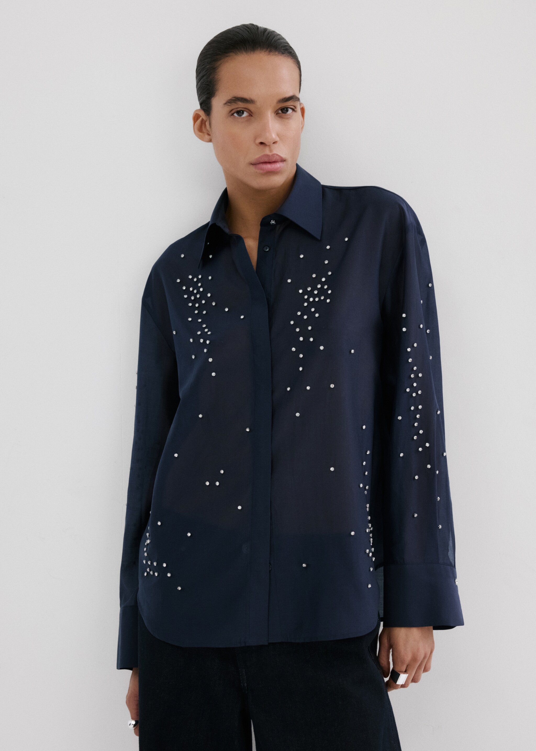 Lyocell shirt with rhinestones - Medium plane, Navy. Ref: 27085825-00.