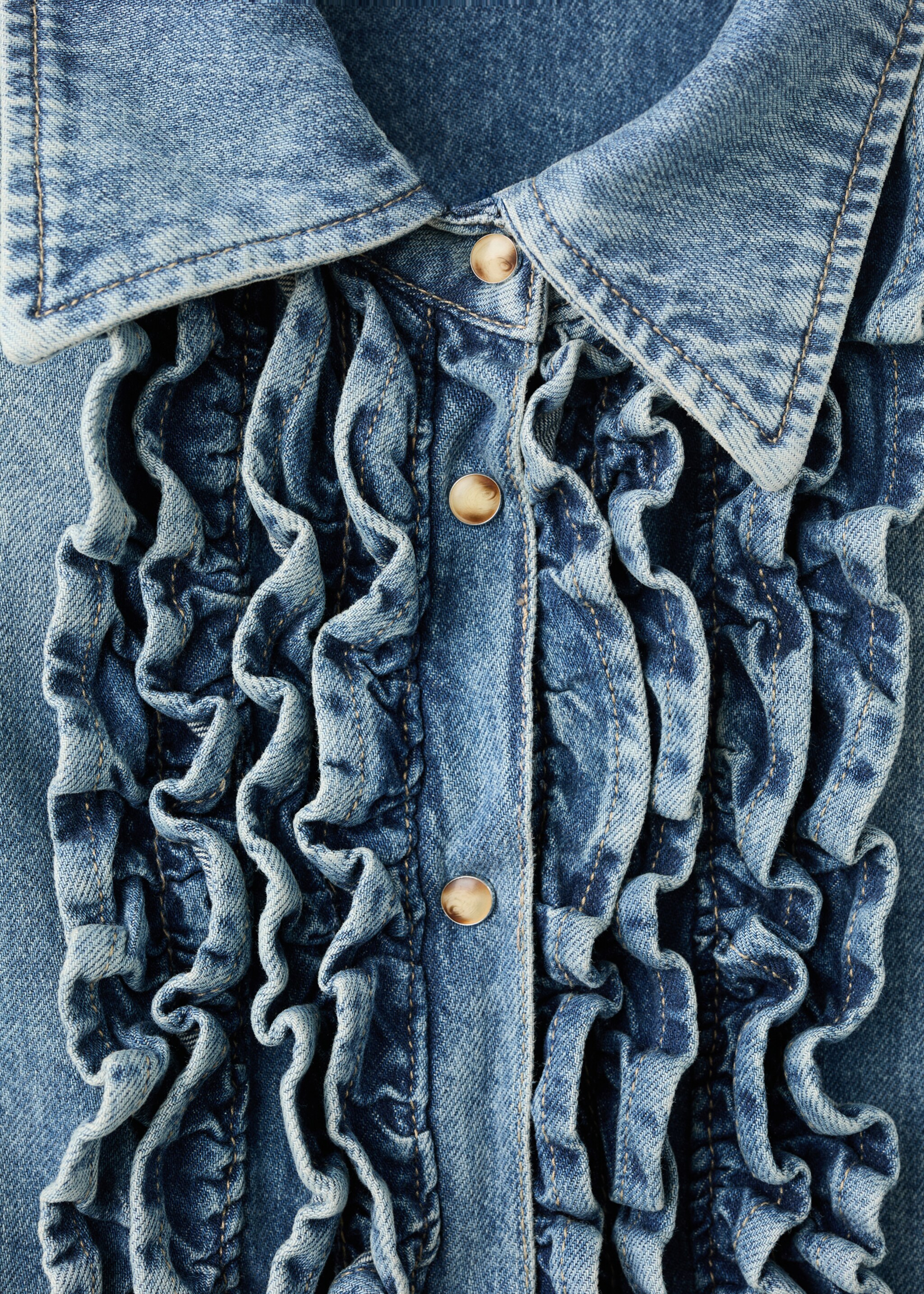 Frilled denim blouse - Details of the article 8, Medium Blue. Ref: 27085840-00.