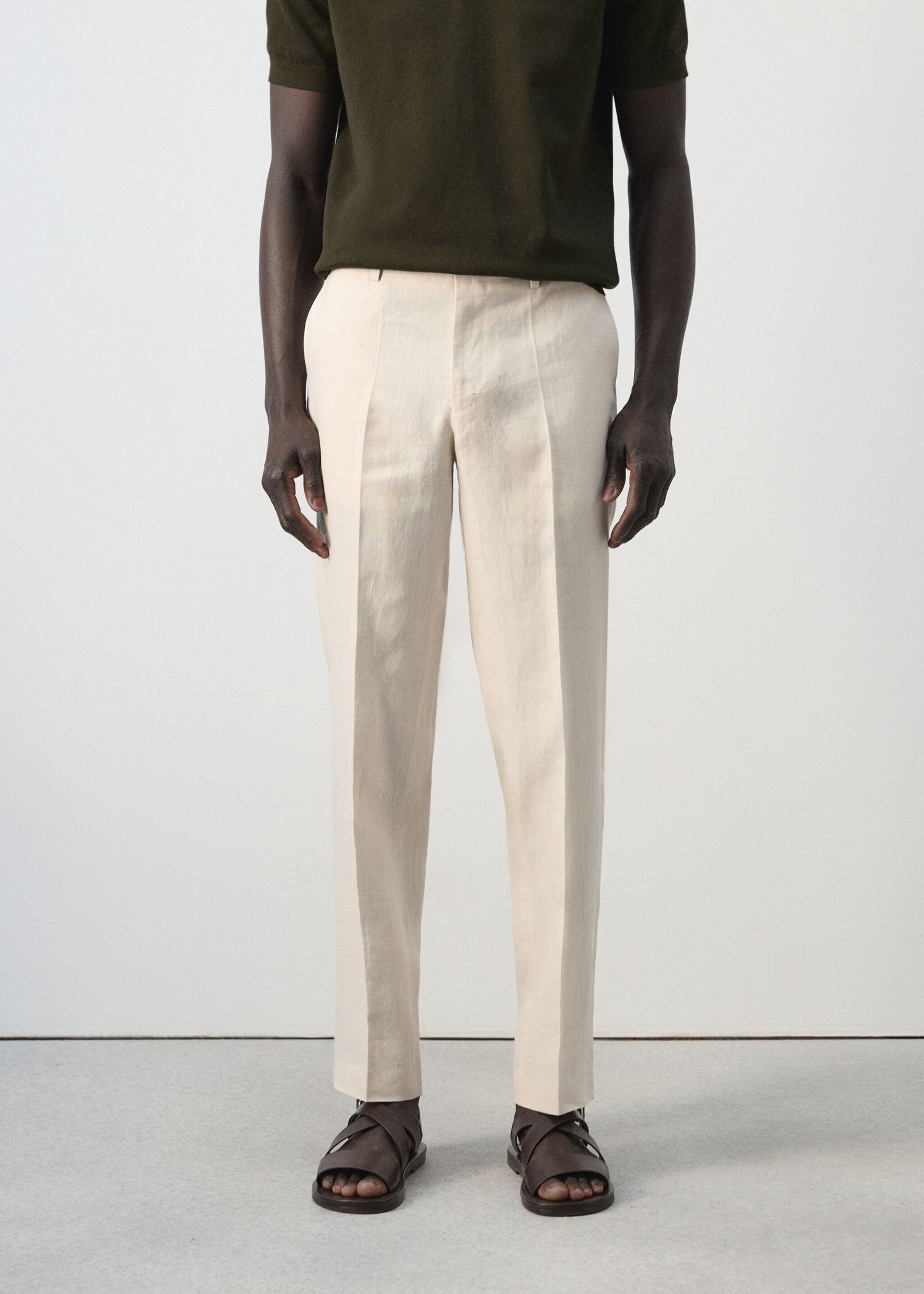 Pantalón traje Amalfi 100% lino slim fit - Plano medio, Crudo. Ref: 27085929-00.