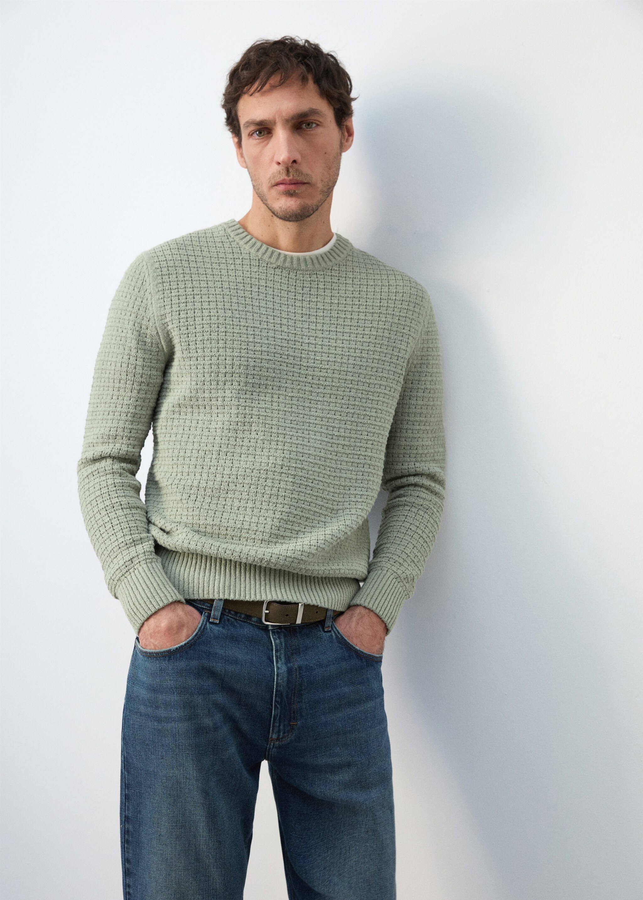 Openwork knit sweater - Details of the article 6, Mint Green. Ref: 27085937-00.