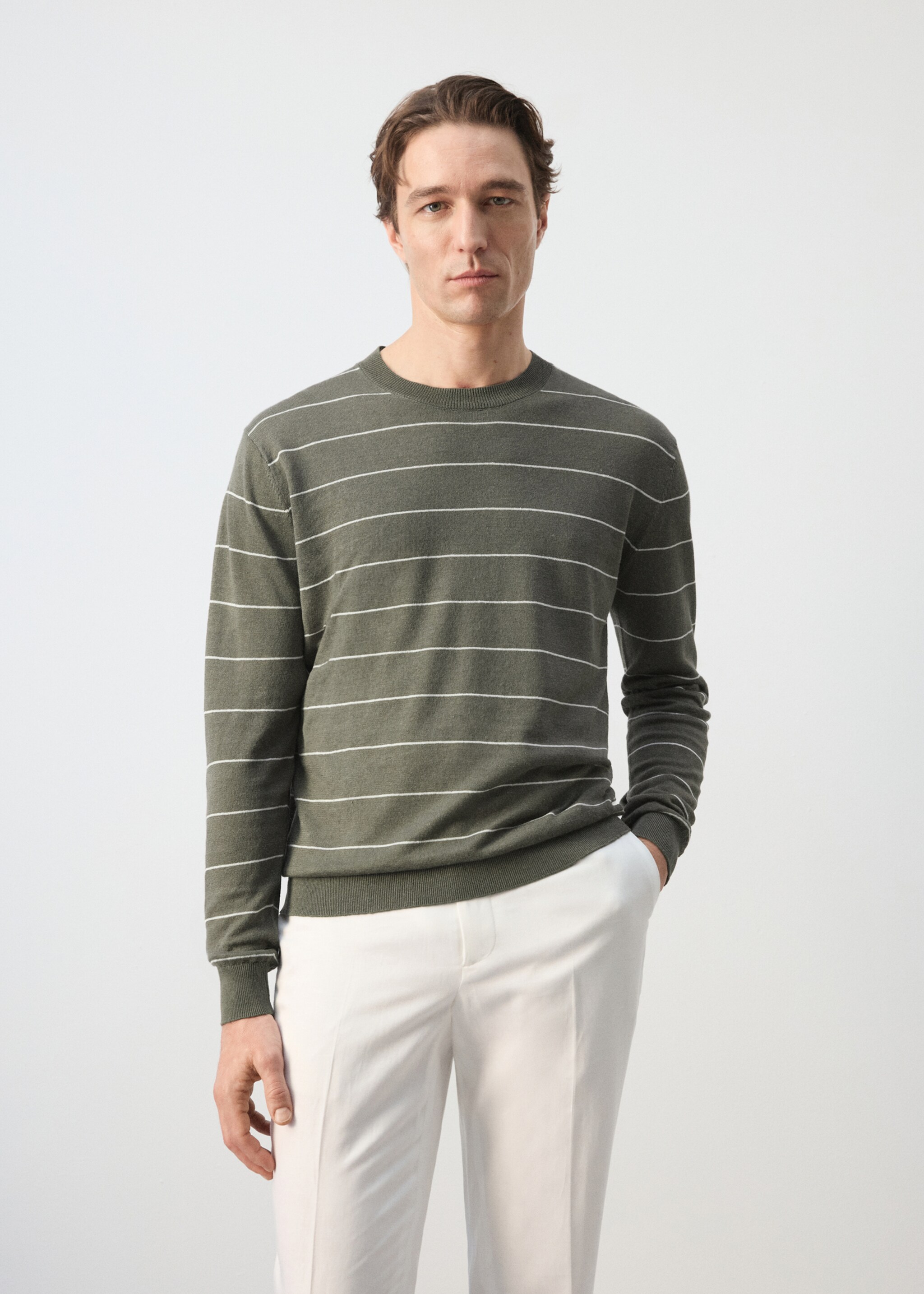 Linen blend fine knit striped jersey - Medium plane, Medium Brown. Ref: 27085938-00.