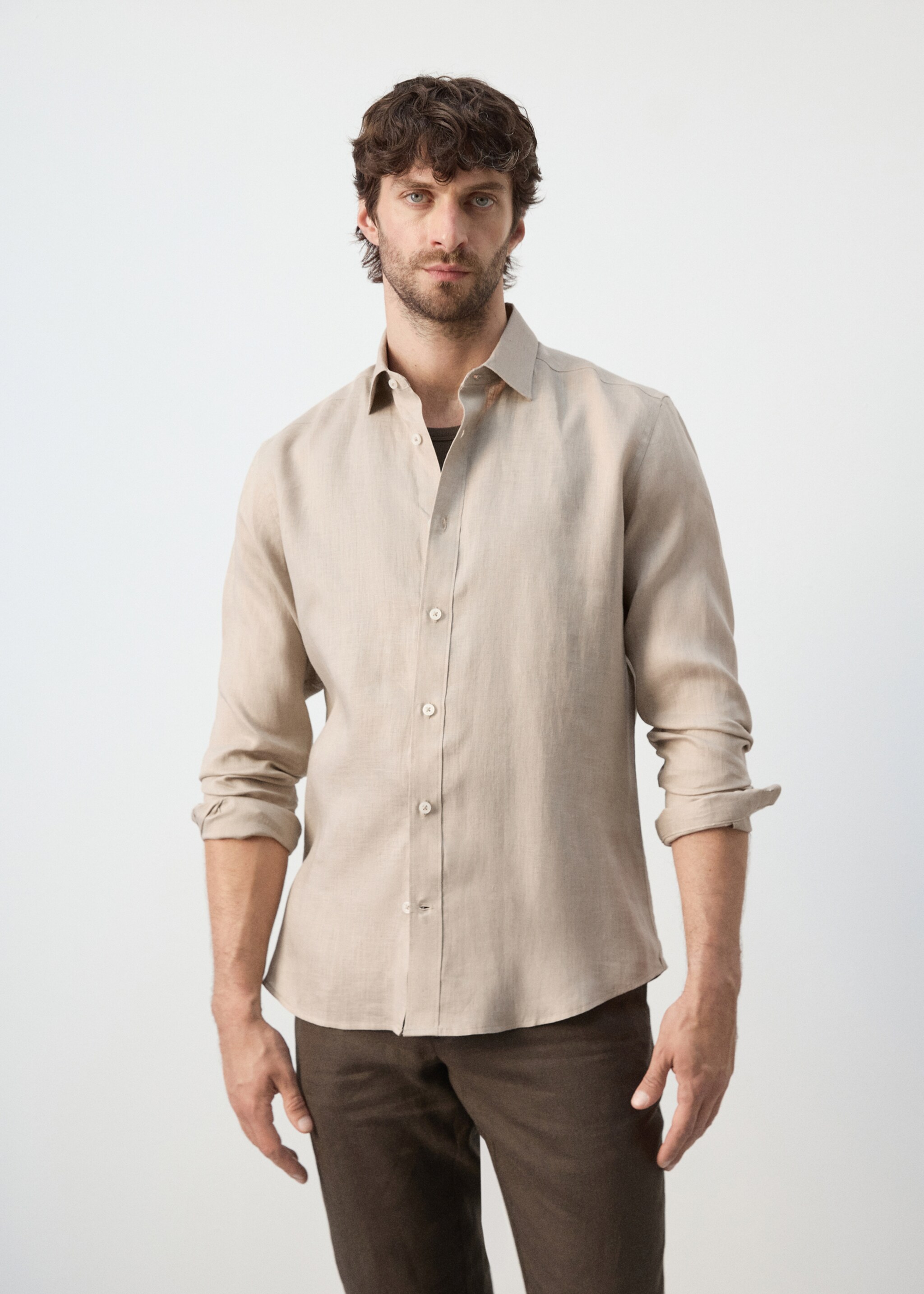Regular-fit 100% linen shirt - Medium plane, Sand. Ref: 27085939-00.