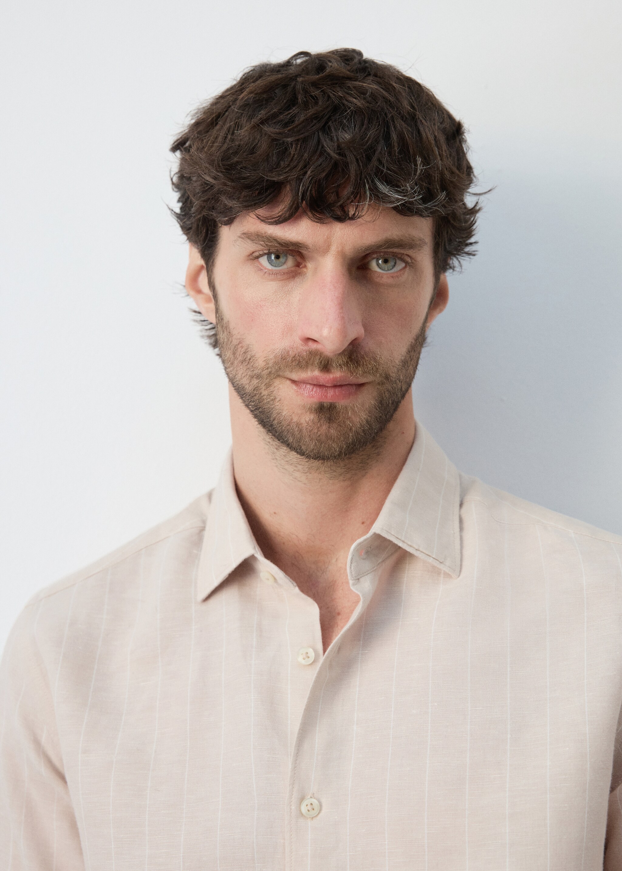 Linen cotton slim fit striped shirt - Details of the article 1, Beige. Ref: 27085960-00.