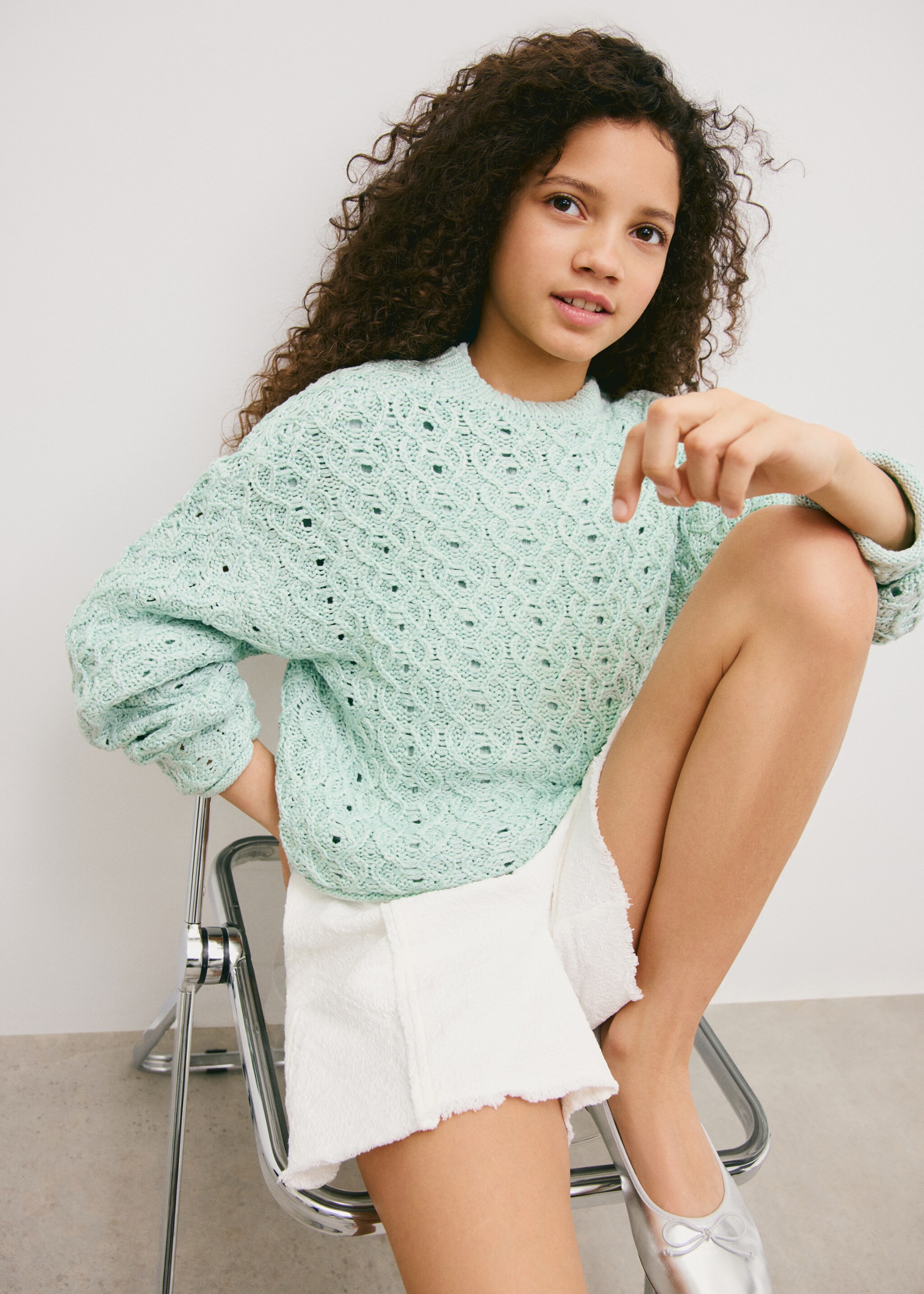 Openwork knit sweater - Medium plane, Aqua Green. Ref: 27085978-00.