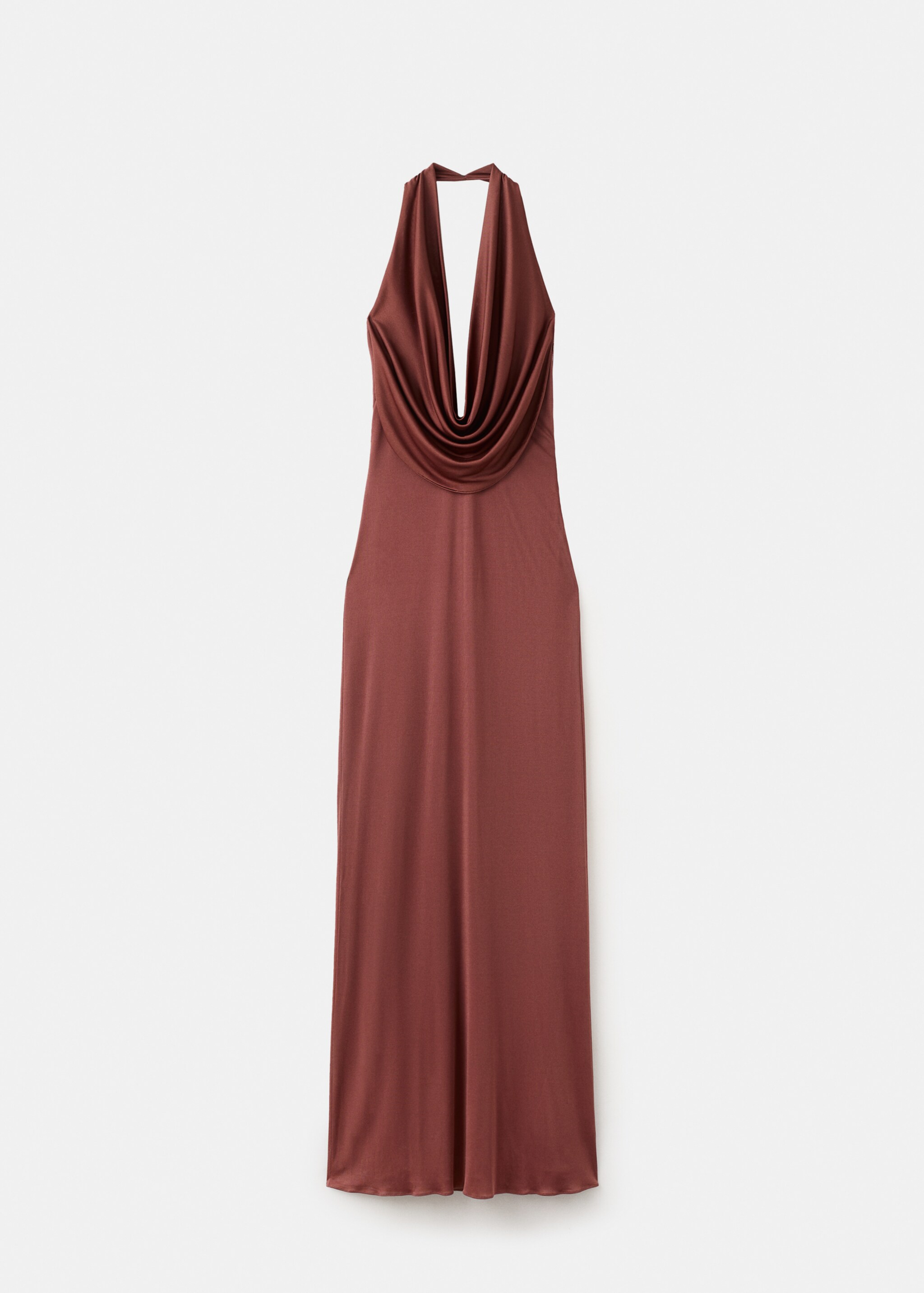 Satin knit dress with a draped neckline - Article without model, Brown. Ref: 27085987-00.